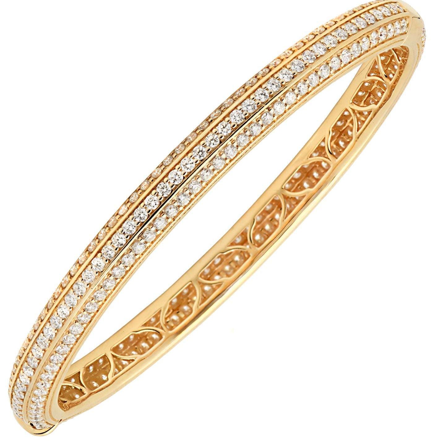 Exquisite 18K Yellow Gold Diamond Bangle from Vivid Diamonds featuring 294 round brilliant-cut diamonds totaling 4.20 carats, showcasing a stunning double-row design for a luxurious look.