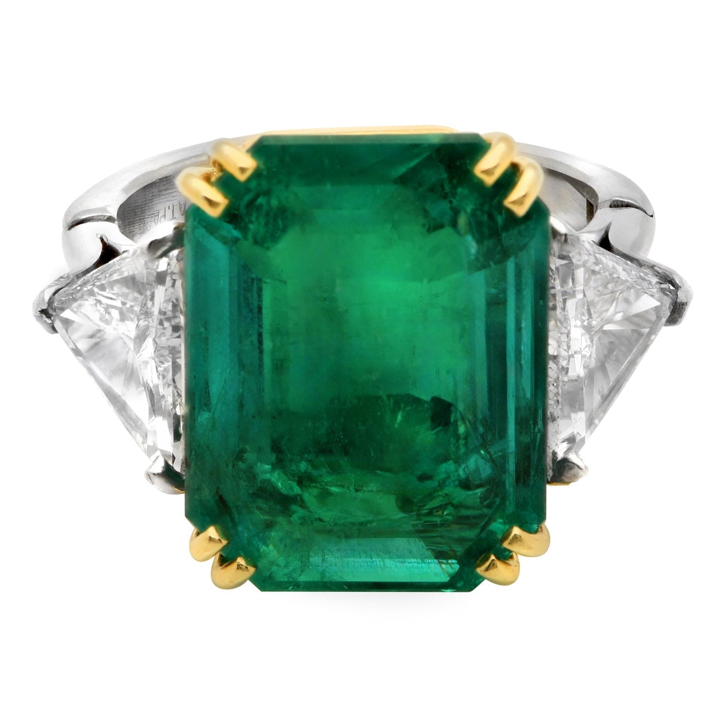 Front view of the luxurious 10.14Ct Vivid Green Emerald & 2Ct Trillion Diamond Ring in Platinum & 18K Yellow Gold by Vivid Diamonds, featuring a mesmerizing emerald and brilliant trillion diamonds.