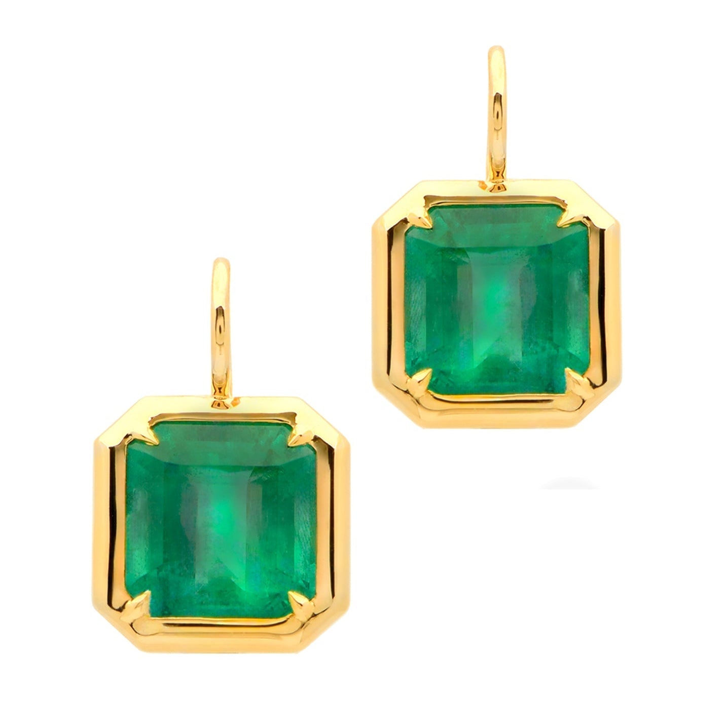 Luxurious 18K Yellow Gold Zambian Emerald Dangle Earrings 7.22 Ct by Vivid Diamonds, showcasing vibrant green gemstones in a stunning, elegant design.