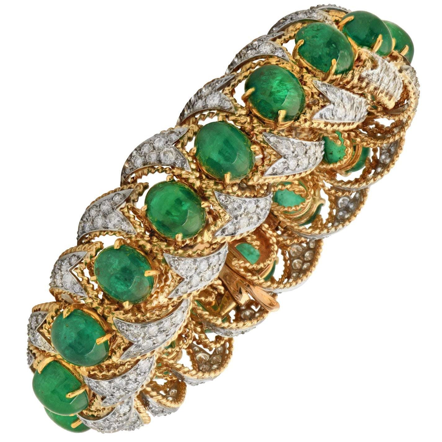 Luxurious 50 Carat Emerald and Diamond Bracelet by Vivid Diamonds, featuring lush green cabochon-cut emeralds and sparkling round brilliant-cut diamonds set in 18k white and yellow gold.