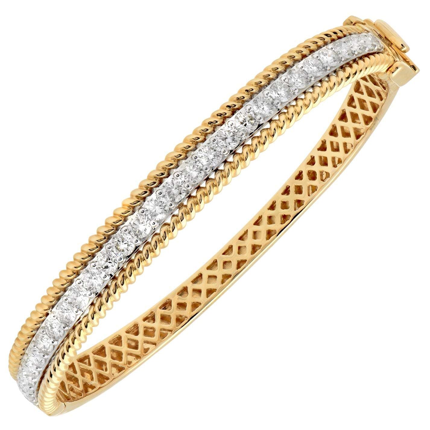 Exquisite 14K Yellow & White Gold 2.62 Ct Diamond Bangle with Rope Edge Design by Vivid Diamonds, showcasing a sleek channel design adorned with round brilliant-cut diamonds and textured rope-edge detail.