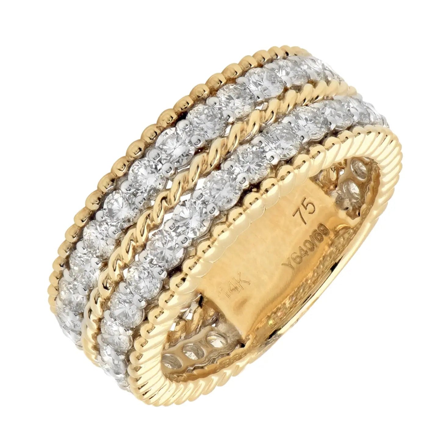 Stunning 14K White & Yellow Gold Triple-Row Diamond Wedding Band by Vivid Diamonds featuring 2.10 CT round brilliant cut diamonds in a luxurious design.