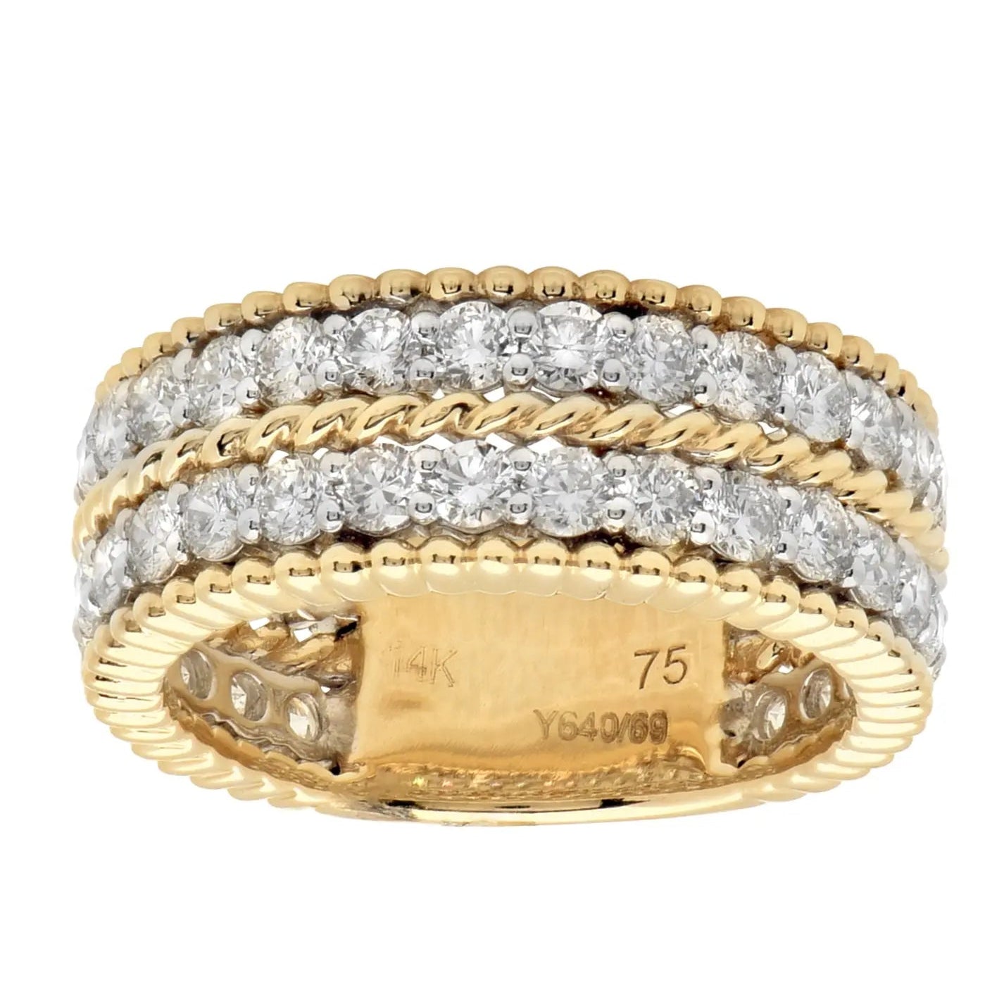 Elegant view of Vivid Diamonds' 14K White & Yellow Gold Triple-Row Diamond Wedding Band showcasing its exquisite craftsmanship and 2.10 CT of radiant diamonds.