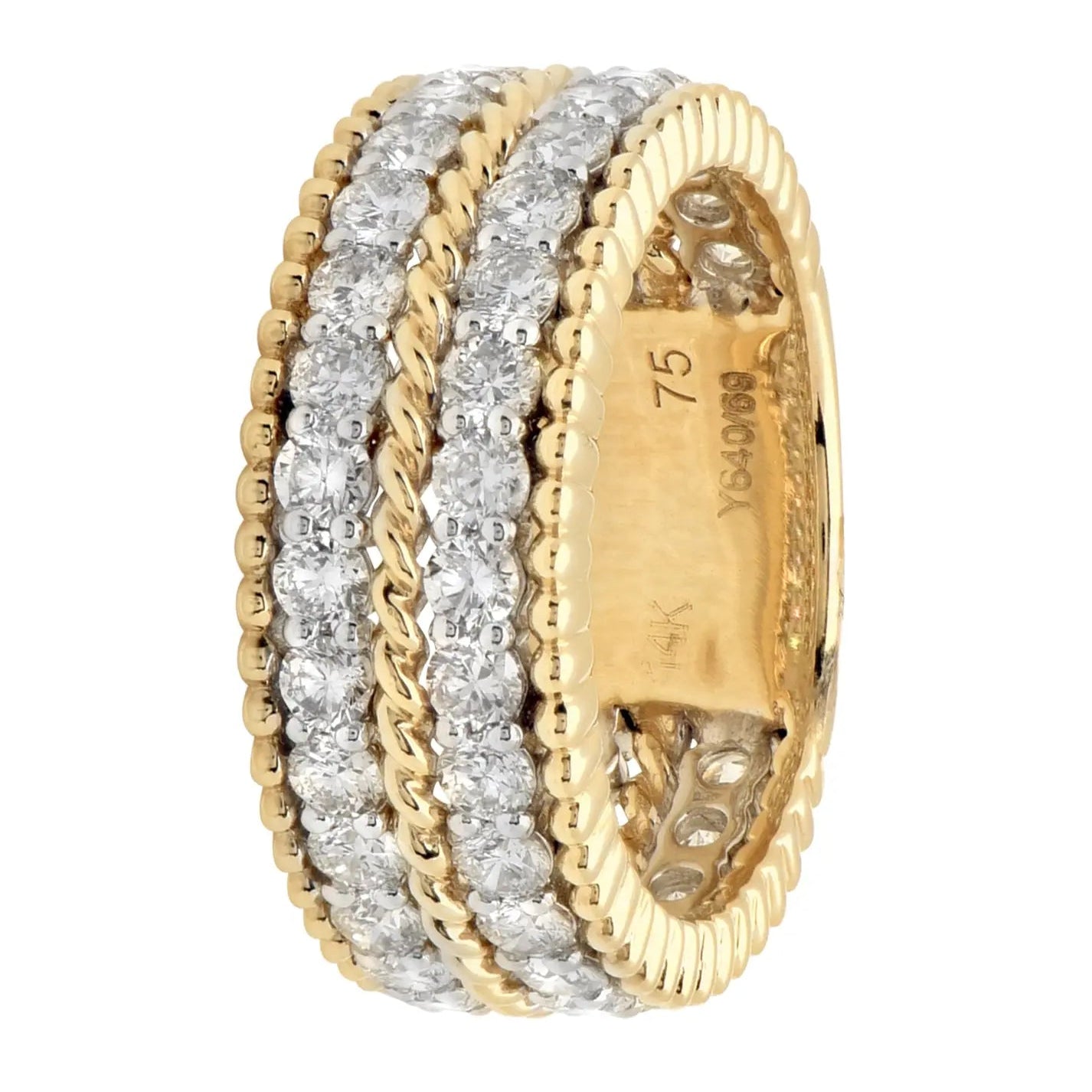Side profile of the Vivid Diamonds 14K White & Yellow Gold Triple-Row Diamond Wedding Band, highlighting its vintage charm and brilliant diamonds.