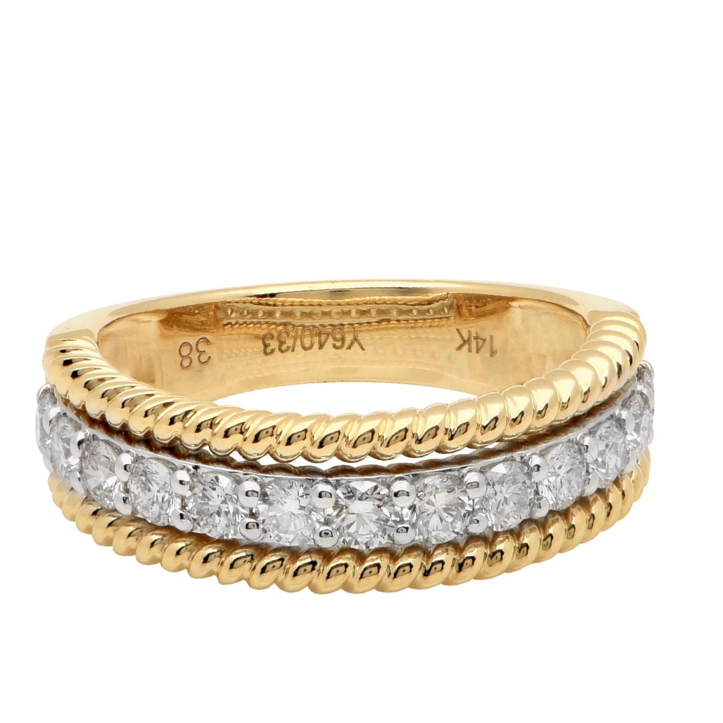Elegant 14K Gold Wedding Band with 13 Diamonds by Vivid Diamonds, showcasing a stunning combination of white and yellow gold with brilliant diamonds, ideal for a timeless wedding piece.
