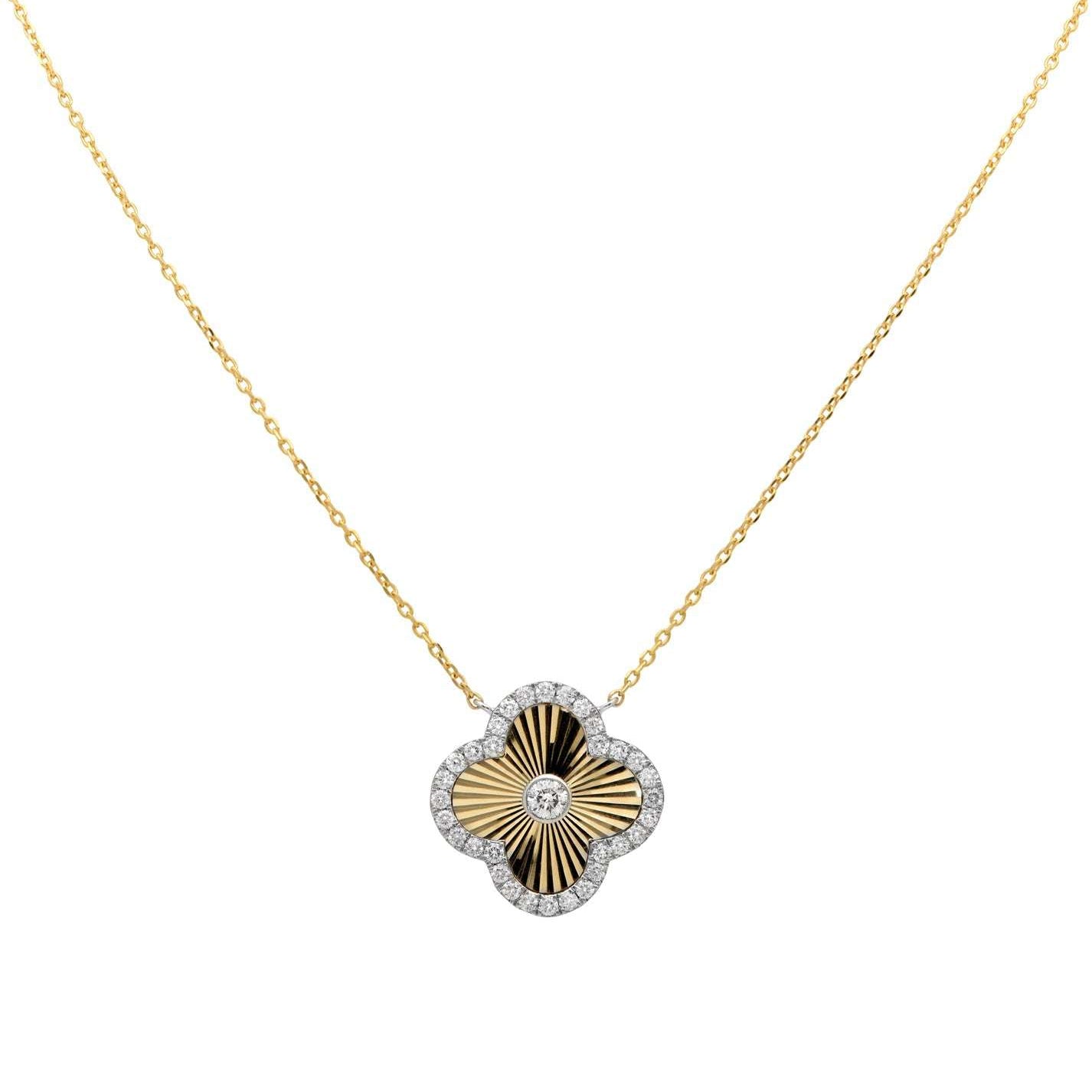 Elegant 14K White & Yellow Gold Necklace featuring a unique floral design with 33 Round Brilliant Diamonds, totaling 0.92 Carats from Vivid Diamonds, embodying luxury and sophistication.