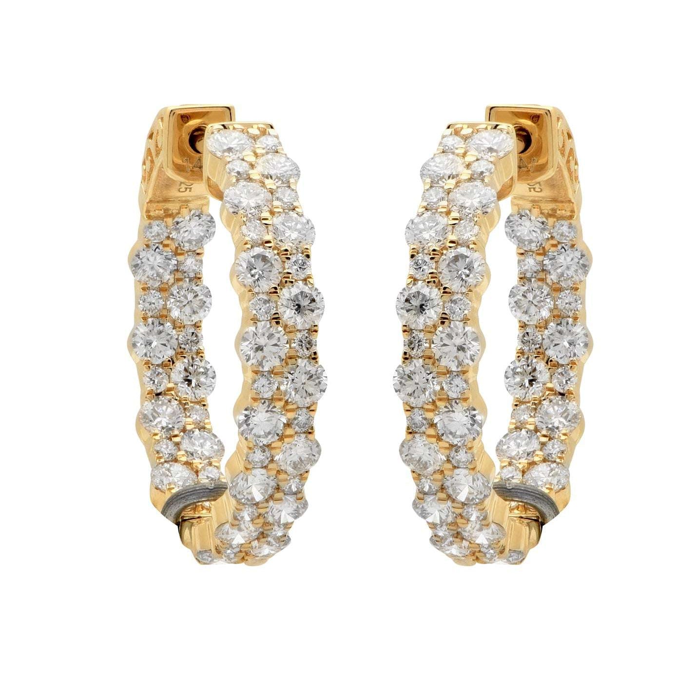 Stunning 14K Yellow Gold Hoop Diamond Earrings from Vivid Diamonds, adorned with 100 round brilliant diamonds, offering a luxurious shine and opulent style.