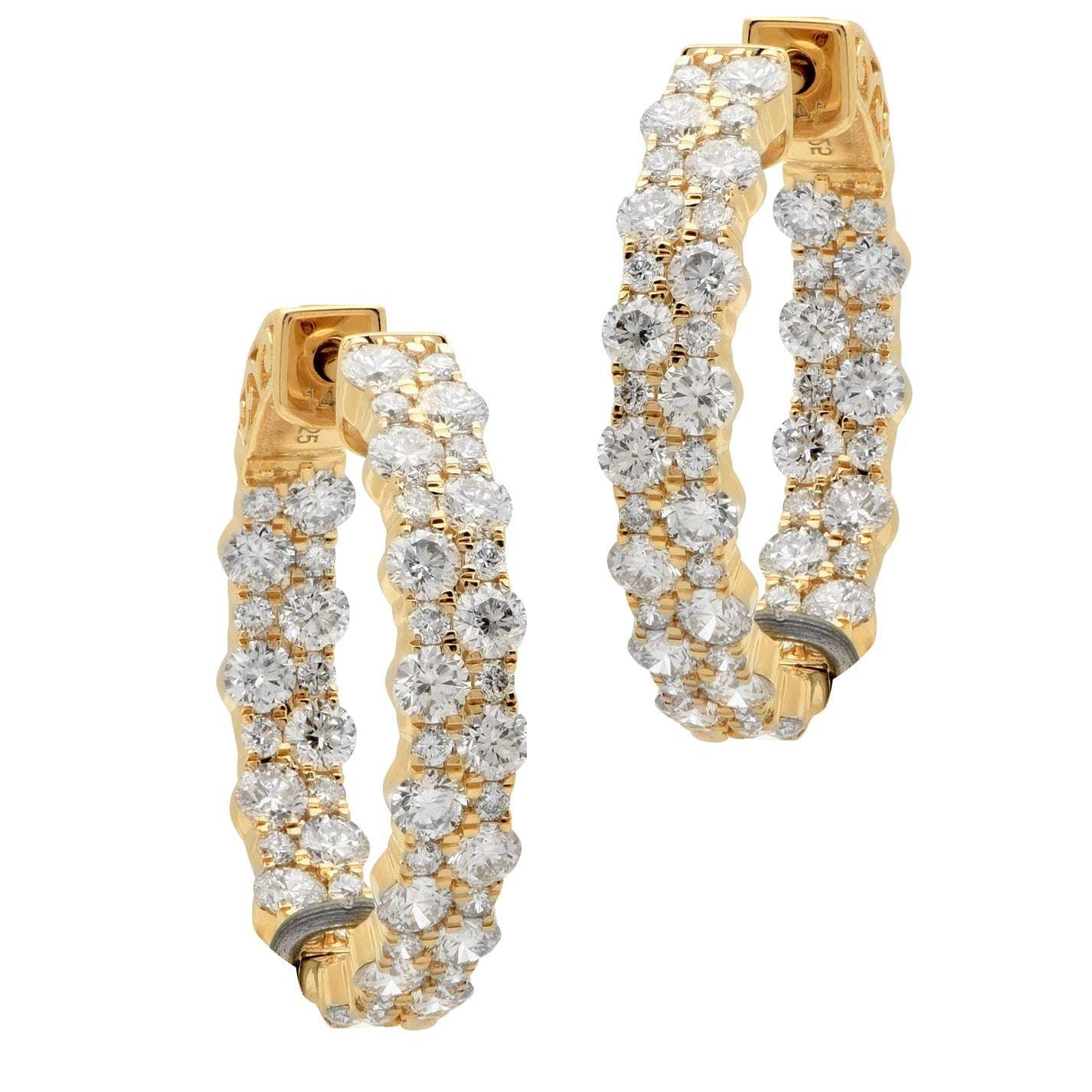 Exquisite 14K Yellow Gold Hoop Diamond Earrings by Vivid Diamonds, featuring 100 round brilliant diamonds totaling 3.4 carats, designed for elegance and sophistication.
