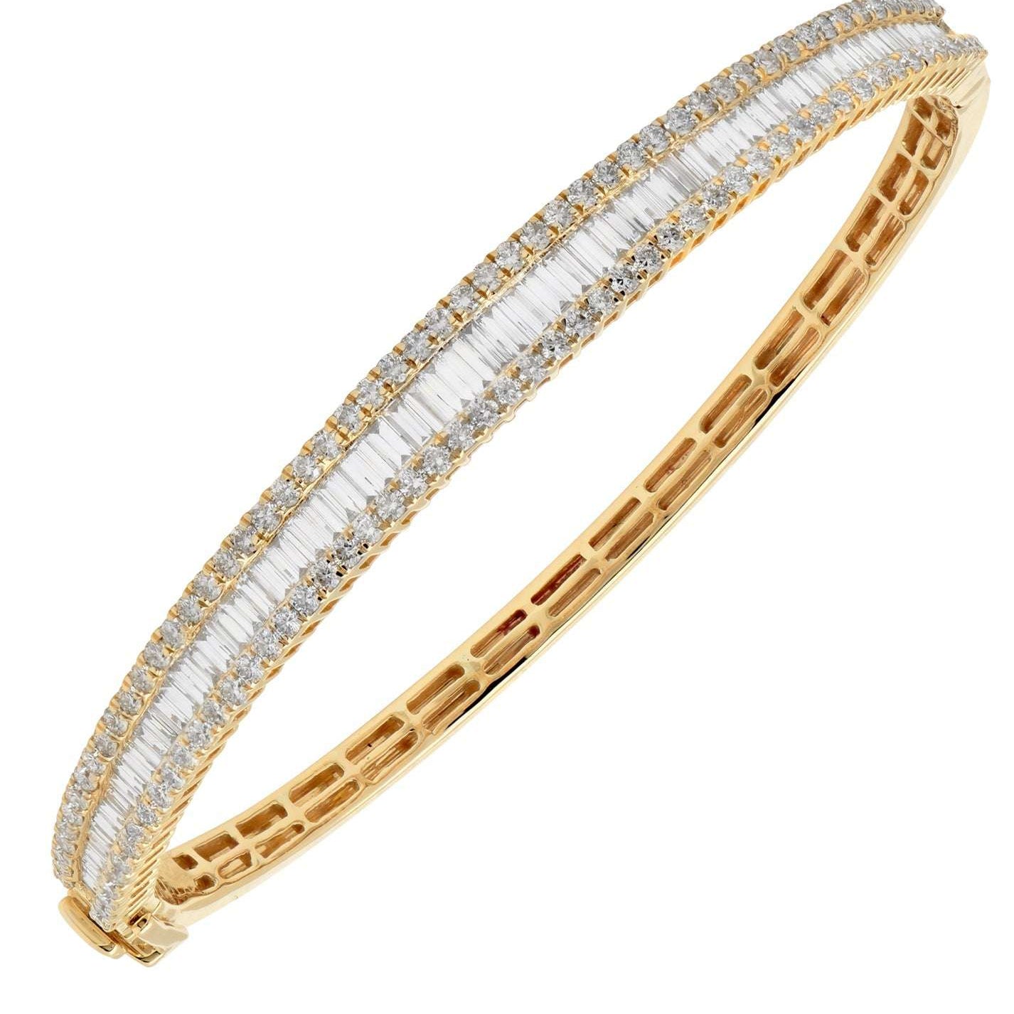 Stunning 14K Yellow Gold Diamond Bangle Bracelet by Vivid Diamonds featuring a triple-row design with round and baguette diamonds. Exquisite craftsmanship with 3.01 carats of sparkle, perfect for luxurious style.