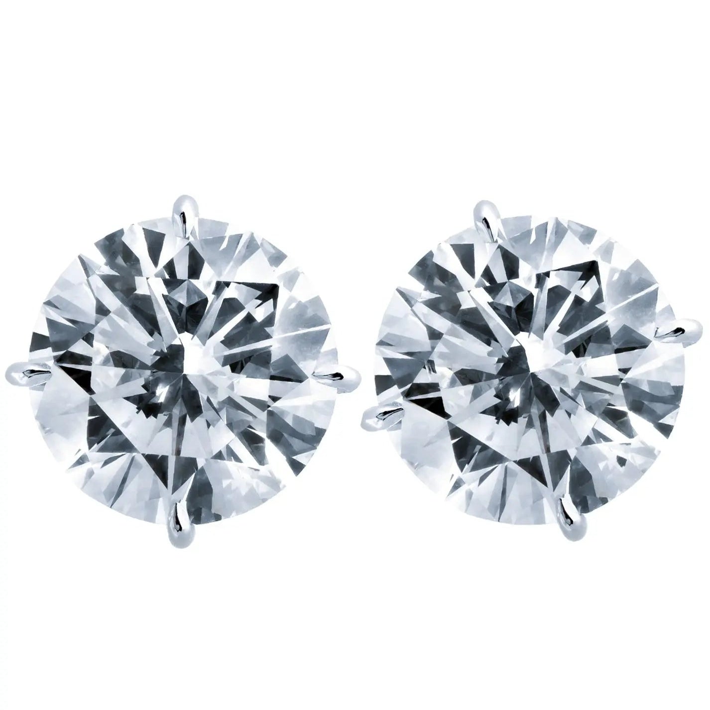 Close-up view of 10Ct Platinum Diamond Earrings by Vivid Diamonds, showcasing stunning round brilliant diamonds, highlighting their F color and SI2 clarity.
