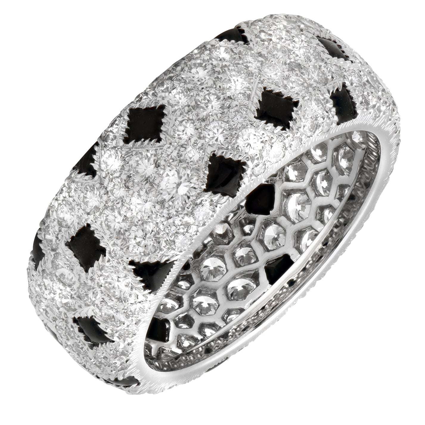 Luxurious Cartier Panthère Diamond Band in 18K white gold showcasing round brilliant diamonds and black onyx accents, presented by Vivid Diamonds.