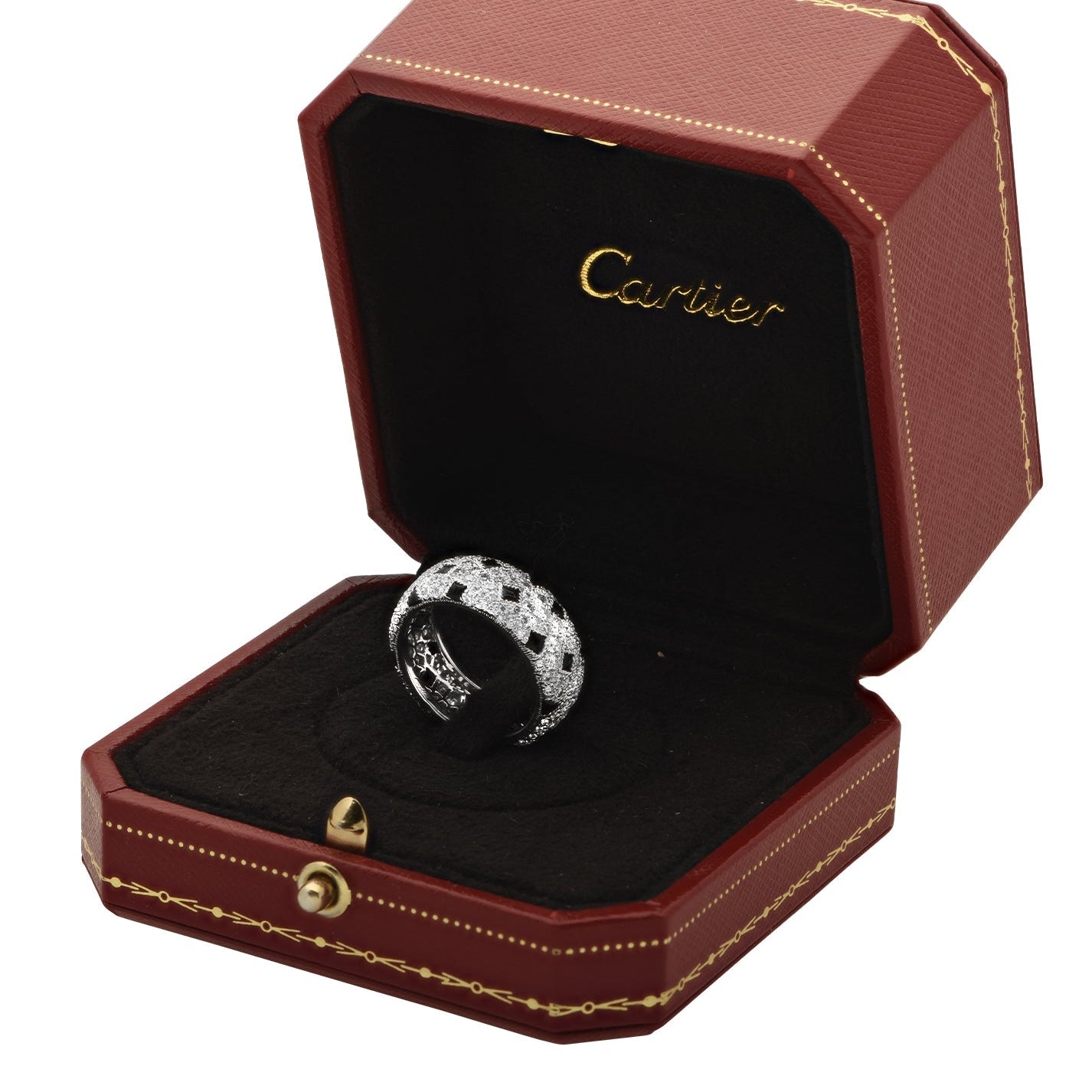 Cartier Panthère Diamond Band in 18K White Gold with Onyx Accents displayed in a luxurious red Cartier box by Vivid Diamonds.