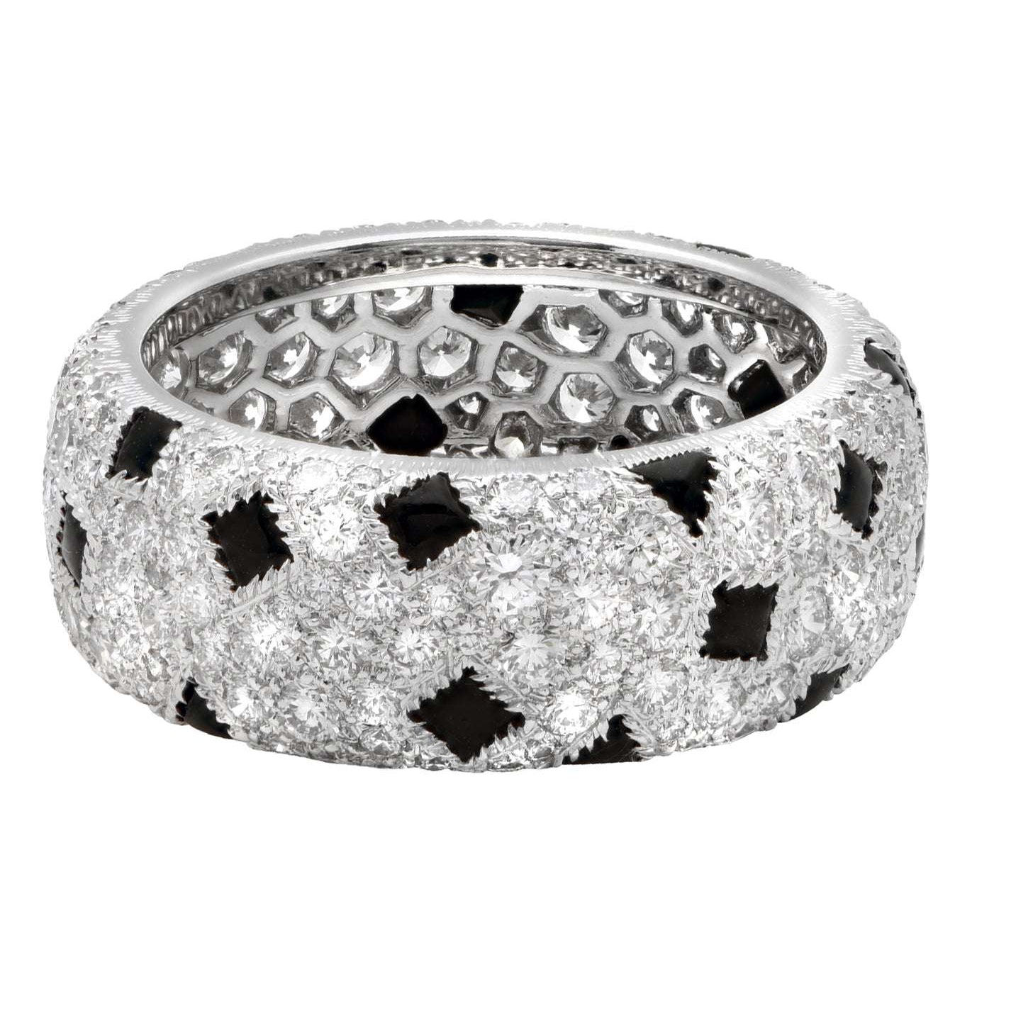 Stunning view of the Cartier Panthère Diamond Band in 18K white gold, featuring exquisite diamond pavé and onyx accents, available at Vivid Diamonds.