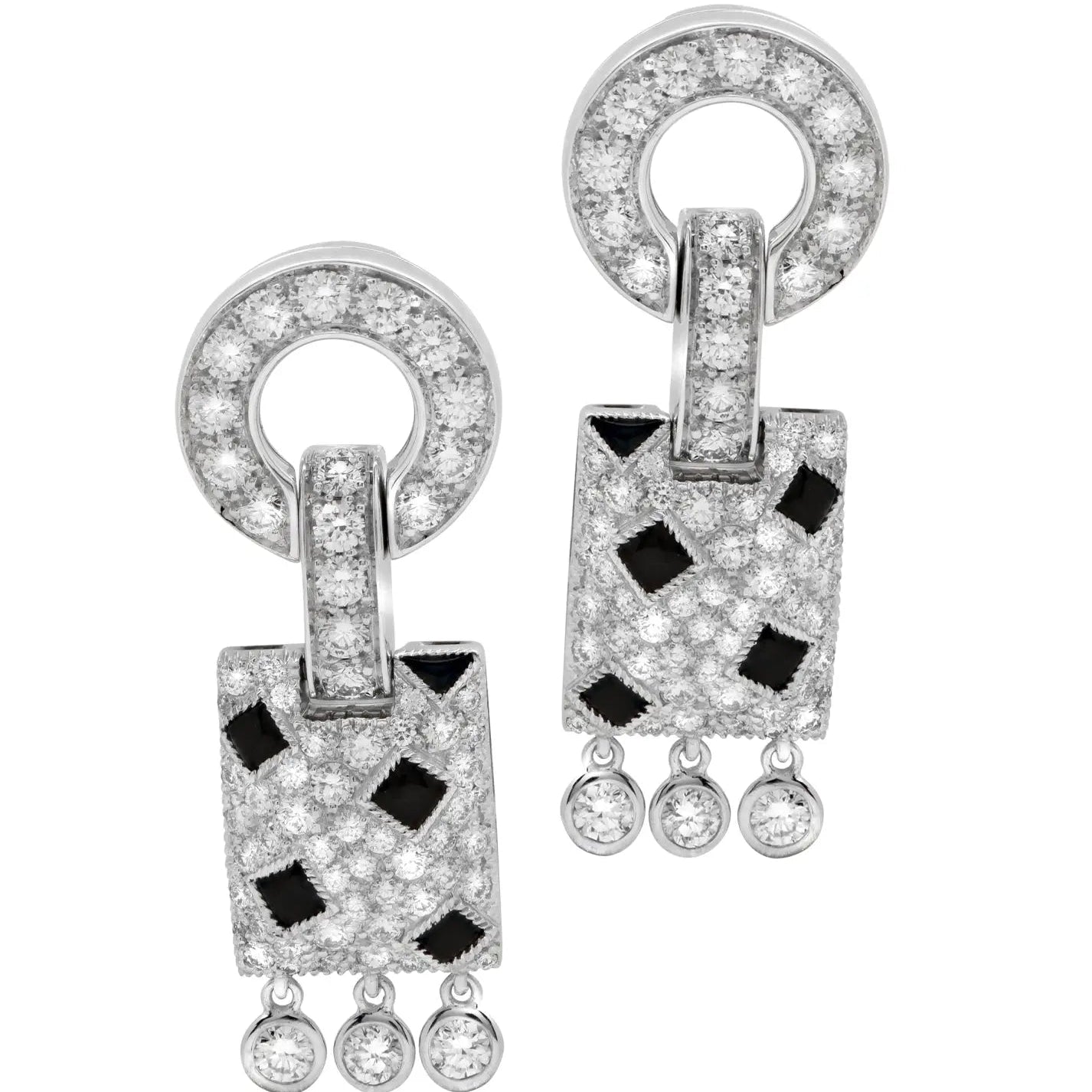 Luxurious Cartier Panthère 54 Earrings crafted in 18K White Gold, featuring exquisite pavé set diamonds and striking black onyx inlays, available from Vivid Diamonds.