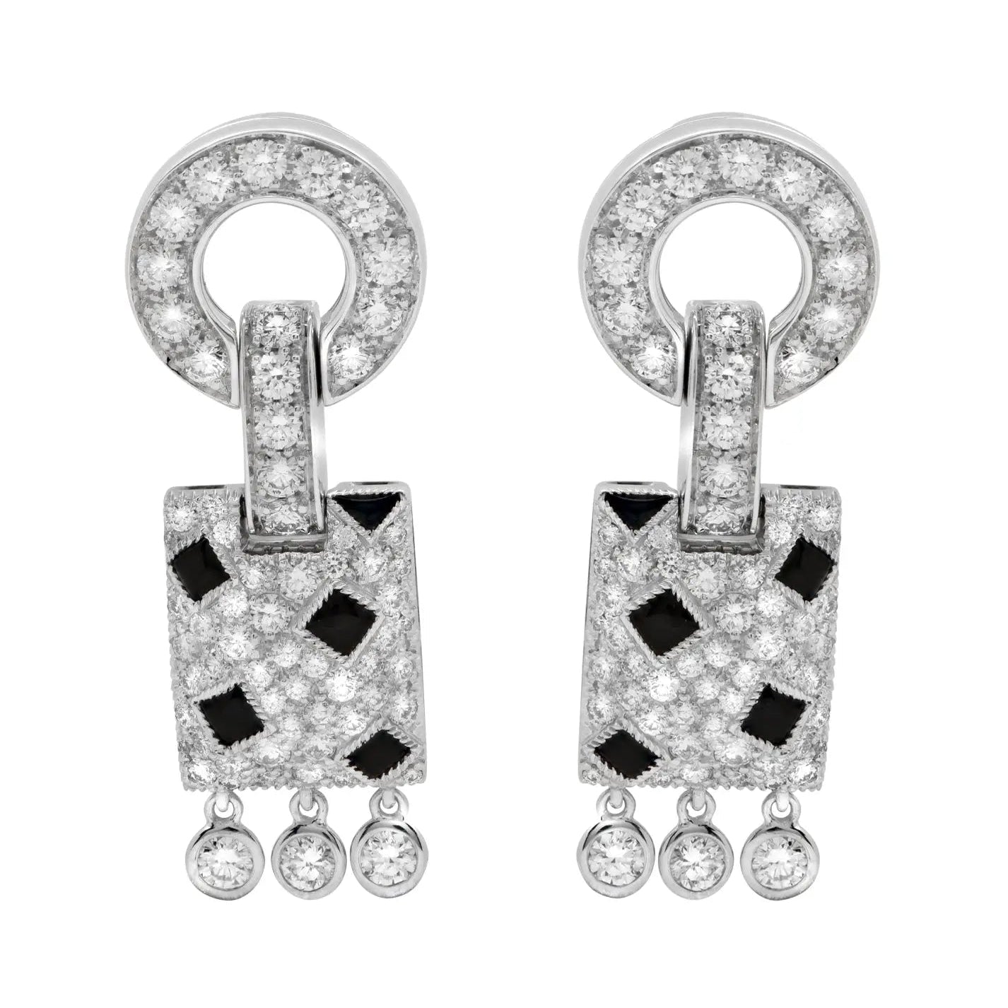 Close-up view of the Cartier Panthère 54 Earrings by Vivid Diamonds, featuring intricate design in 18K white gold adorned with brilliant-cut diamonds and striking black onyx elements.
