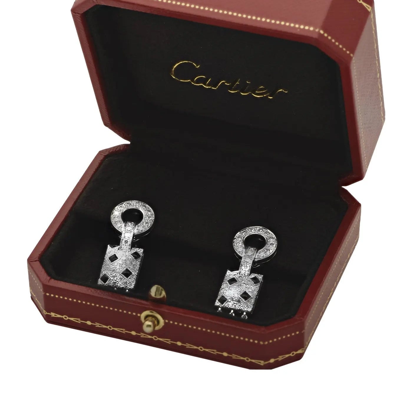 Cartier Panthère 54 Earrings displayed in an elegant red Cartier box, showcasing the luxurious craftsmanship of Vivid Diamonds in 18K white gold with dazzling diamonds and black onyx accents.
