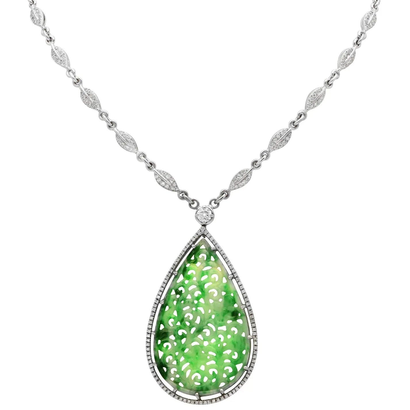 Exquisite Carved Green Jade & Diamond Necklace in 18K White Gold by Vivid Diamonds, featuring a stunning carved jadeite teardrop pendant surrounded by a halo of brilliant-cut diamonds on a delicate chain.