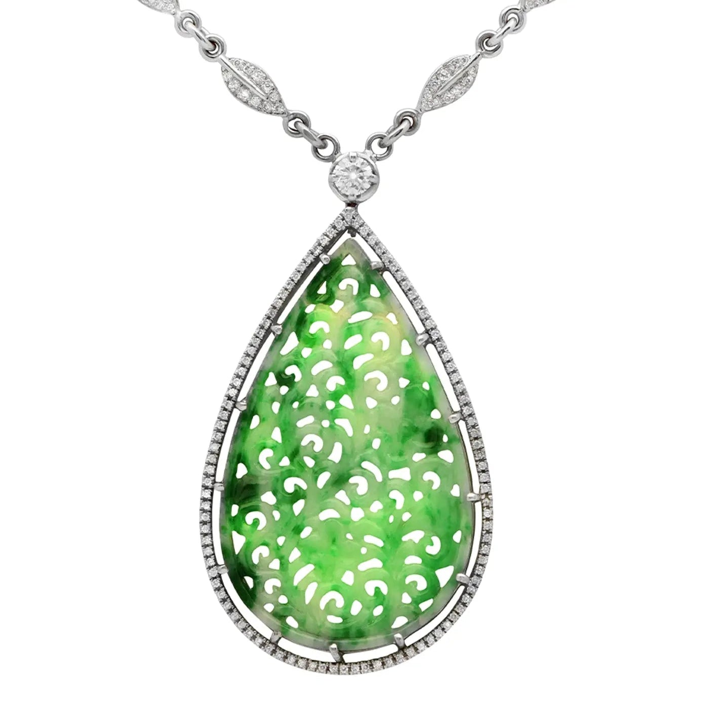 Luxurious Carved Green Jade & Diamond Necklace in 18K White Gold from Vivid Diamonds, showcasing an intricate teardrop jadeite centerpiece framed by sparkling diamond accents.