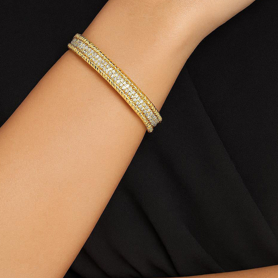 Luxury 18k Yellow Gold Bracelet with 293 Diamonds - 3.22 Carats worn on elegant wrist, showcasing stunning sparkle and modern sophistication from Vivid Diamonds.