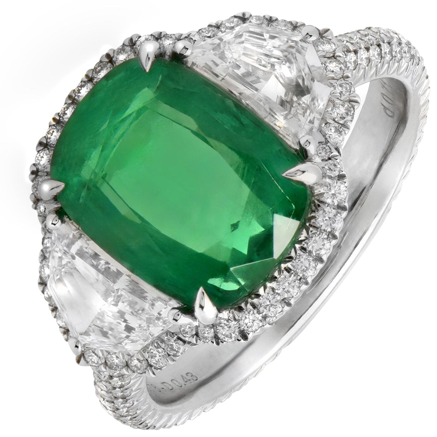Exquisite 4Ct Cushion Cut Emerald & Diamond Halo Ring in Platinum from Vivid Diamonds, showcasing a stunning 4-carat emerald surrounded by brilliant diamonds, epitomizing royal elegance.