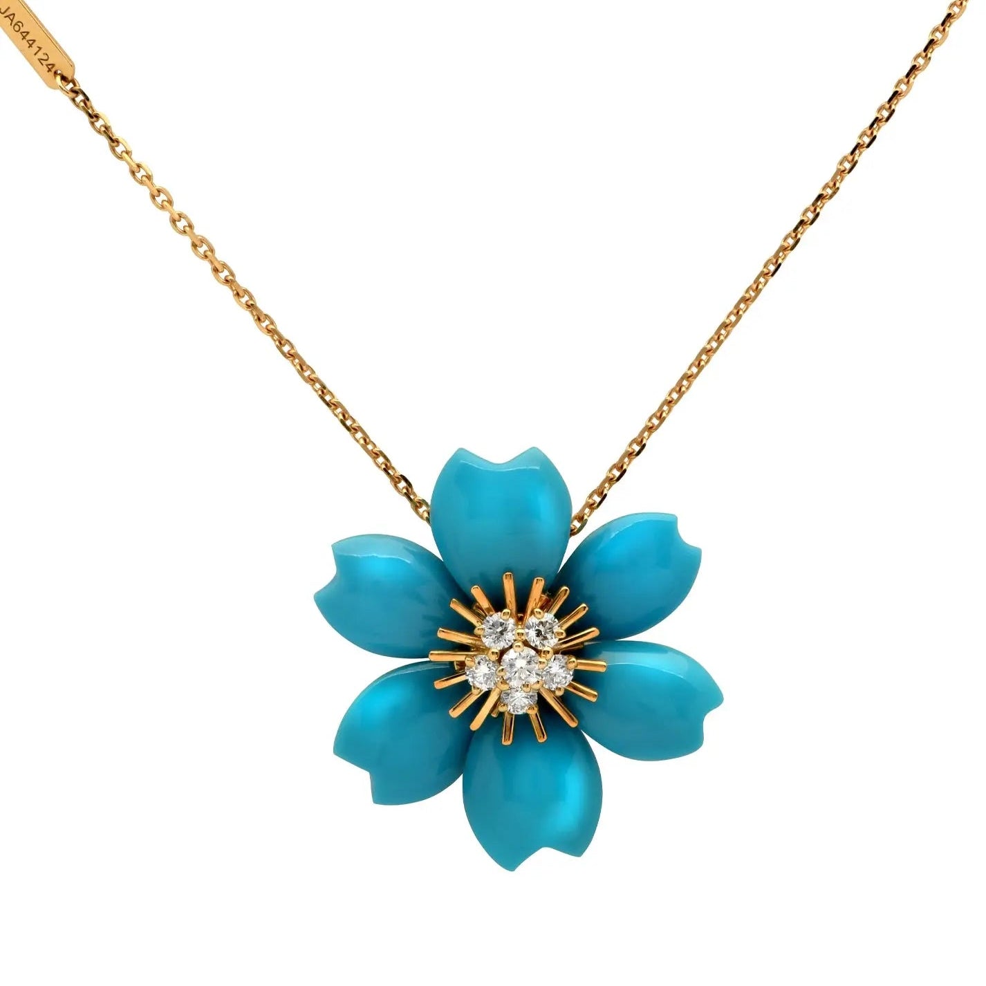 Van Cleef & Arpels Rose De Noël Turquoise Necklace in 18k Yellow Gold adorned with diamonds, showcasing a vibrant turquoise flower design, available at Vivid Diamonds.