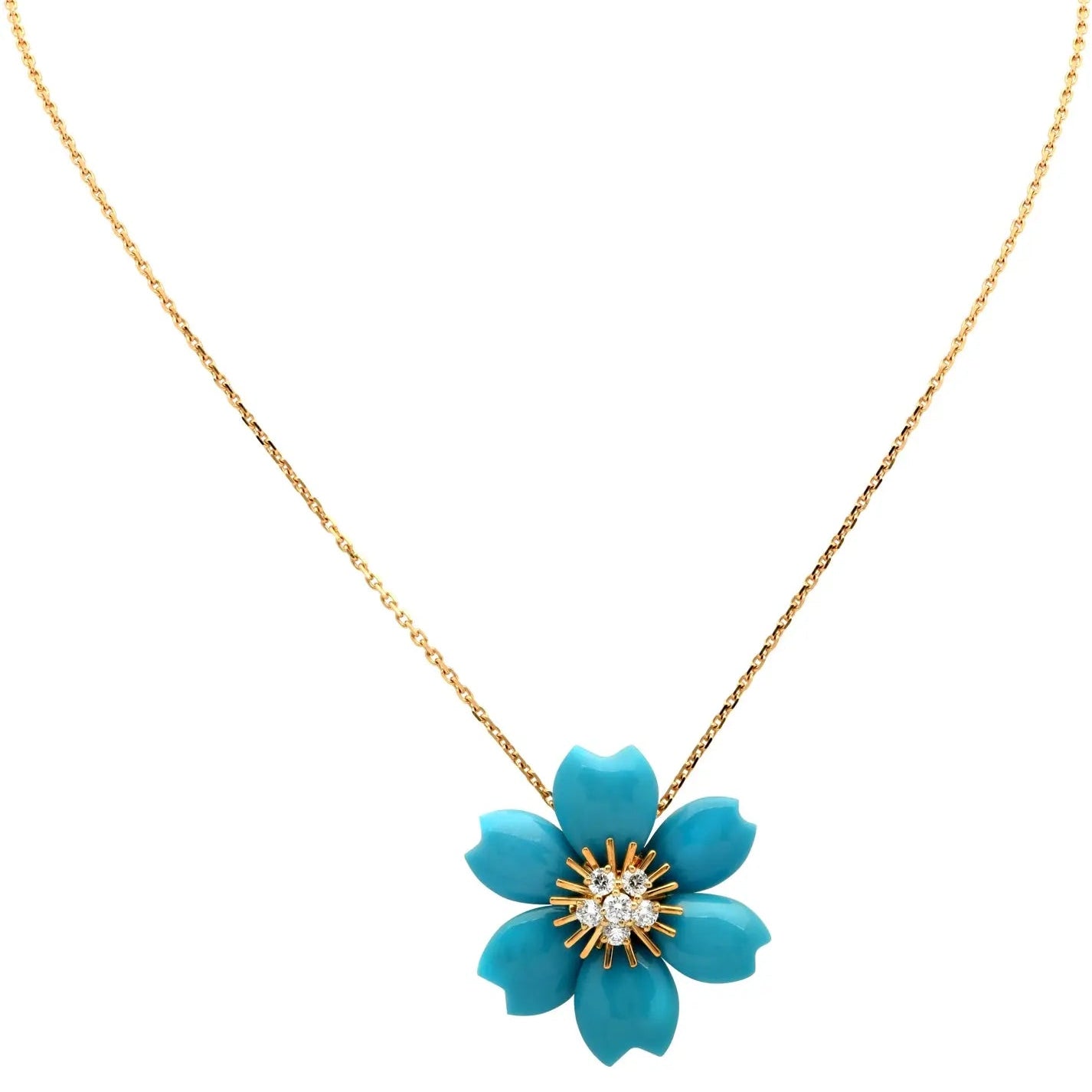 Close-up view of Van Cleef & Arpels Rose De Noël Turquoise Necklace featuring a stunning turquoise flower and sparkling diamonds, exquisitely crafted in 18k Yellow Gold, from Vivid Diamonds.