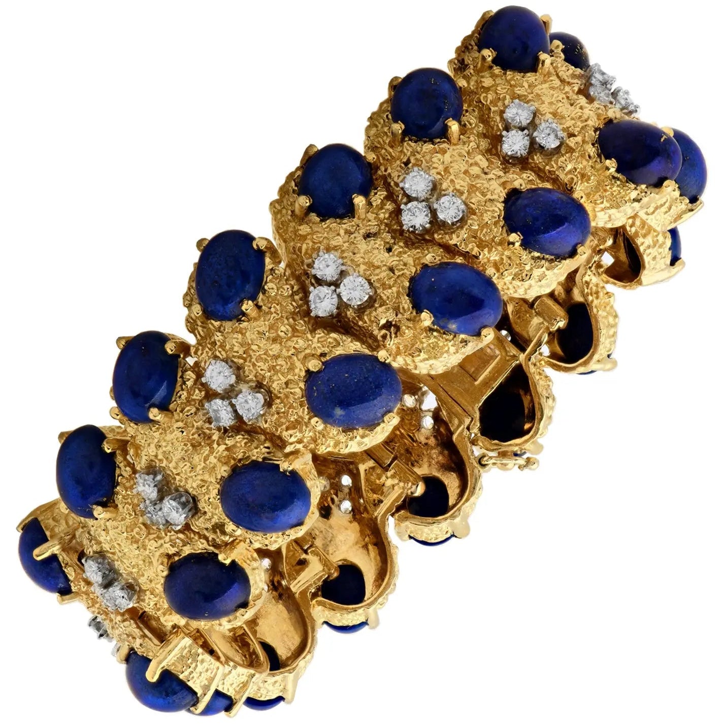 Exquisite 18K Gold Vintage Bracelet featuring 44 brilliant diamonds and rich lapis lazuli by Vivid Diamonds, showcasing mid-century elegance and luxury craftsmanship.