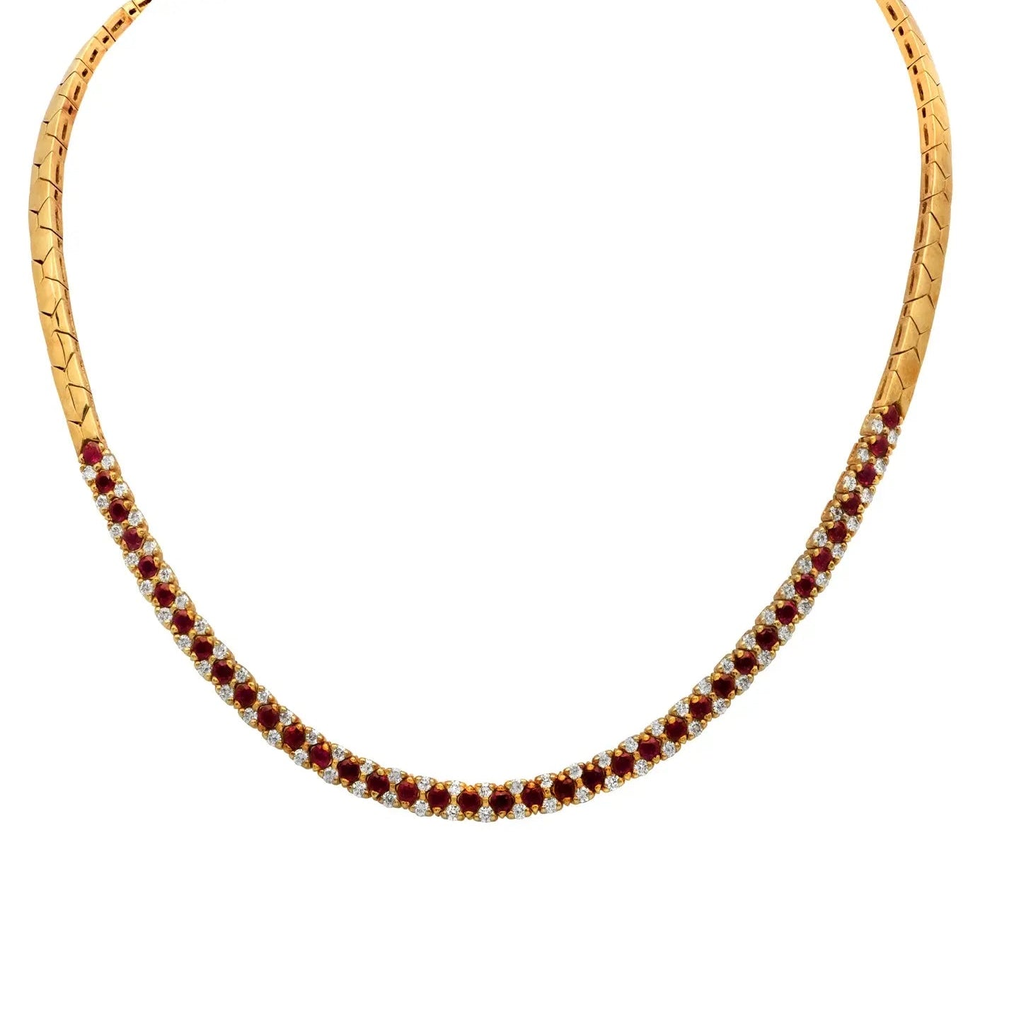 Exquisite 18K Yellow Gold Necklace featuring 4.50 Carats of Rubies and 1.80 Carats of Diamonds by Vivid Diamonds, showcasing a stunning design with a captivating arrangement of gemstones.