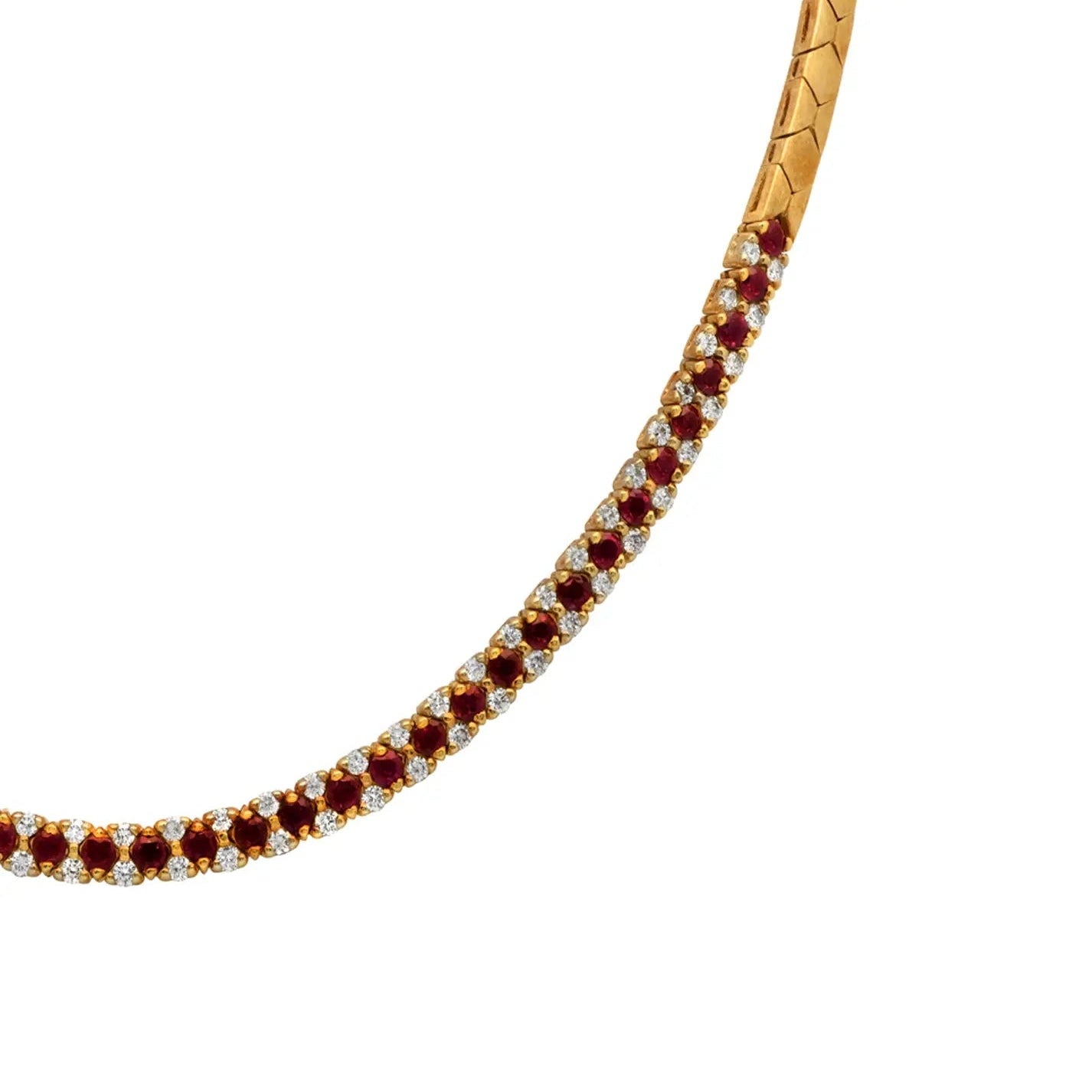 Elegant 18K Yellow Gold Necklace with 4.50 Carats of Rubies and 1.80 Carats of Diamonds by Vivid Diamonds, emphasizing vibrant rubies and brilliant diamonds in a luxurious setting.