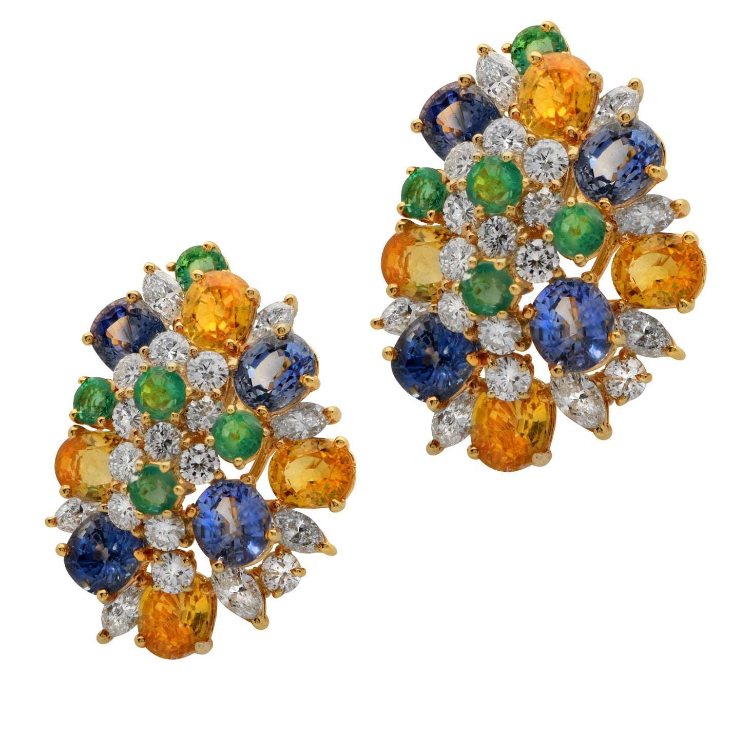 Close-up view of exquisite mixed gemstone earrings by Vivid Diamonds, featuring a luxurious combination of yellow sapphires, green gemstones, and diamonds, embodying timeless elegance.