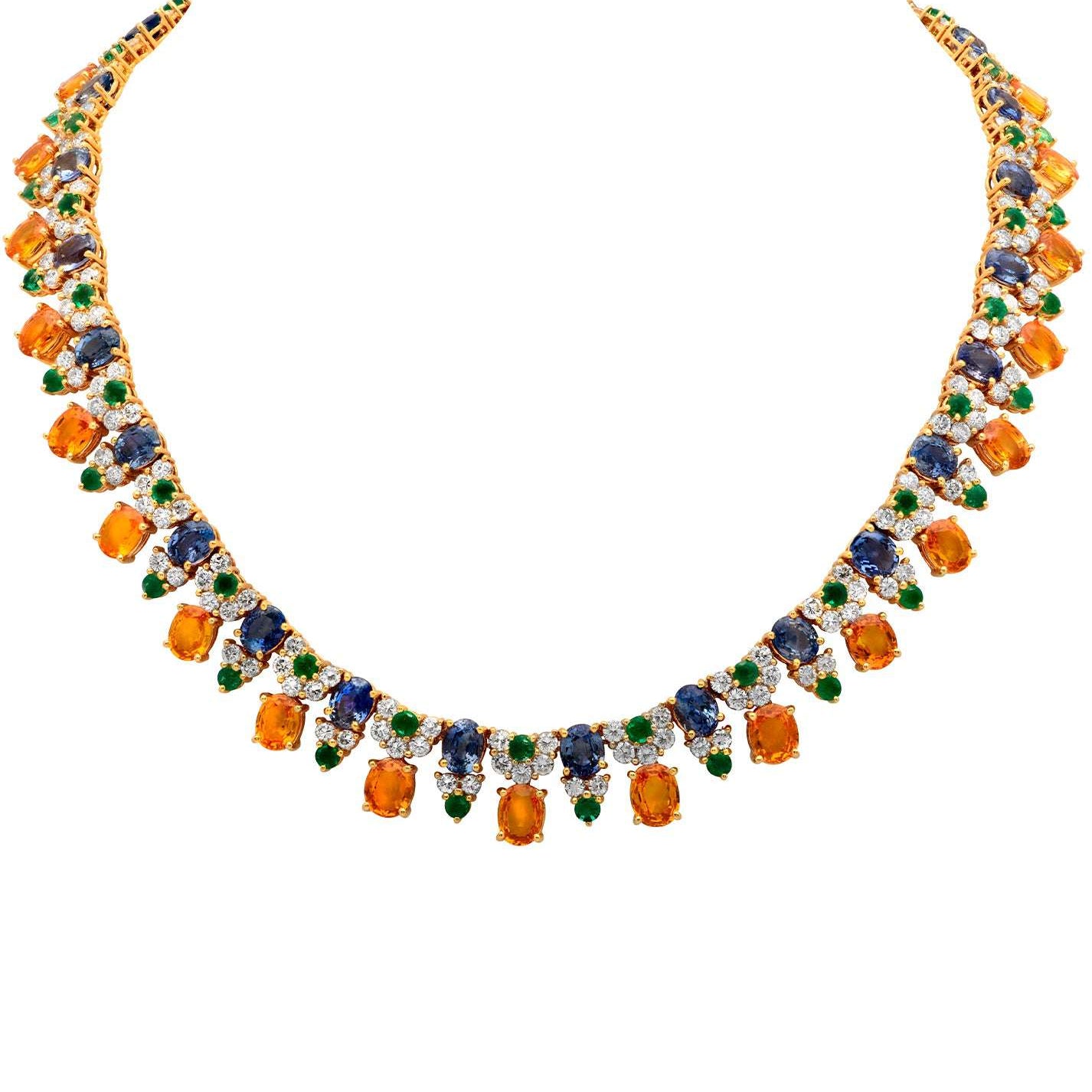 Dazzling necklace from the exquisite mixed stone earring and necklace set by Vivid Diamonds, adorned with vivid yellow sapphires, blue sapphires, and shimmering diamonds, perfect for elegant occasions.