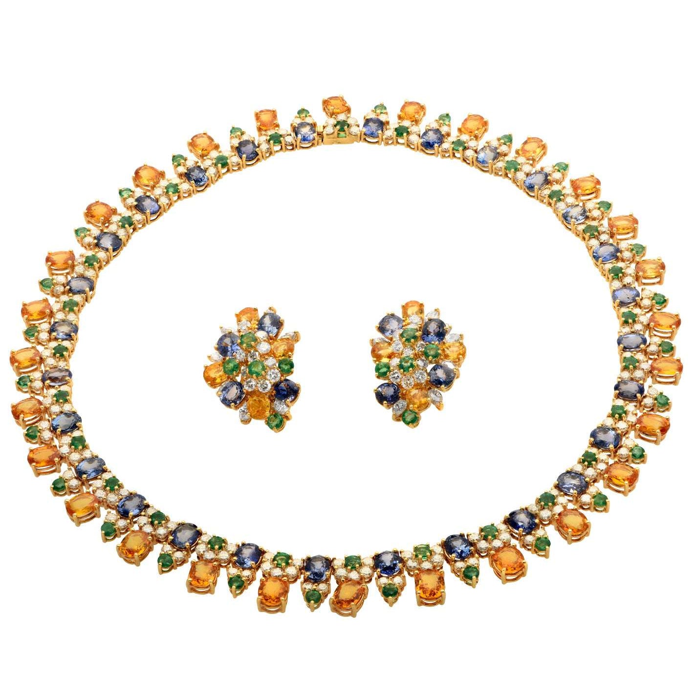 Exquisite Mixed Stone Earring and Necklace Set by Vivid Diamonds, featuring a luxurious arrangement of diamonds, deep blue sapphires, and radiant yellow sapphires set in 18k yellow gold, perfect for elegant occasions.