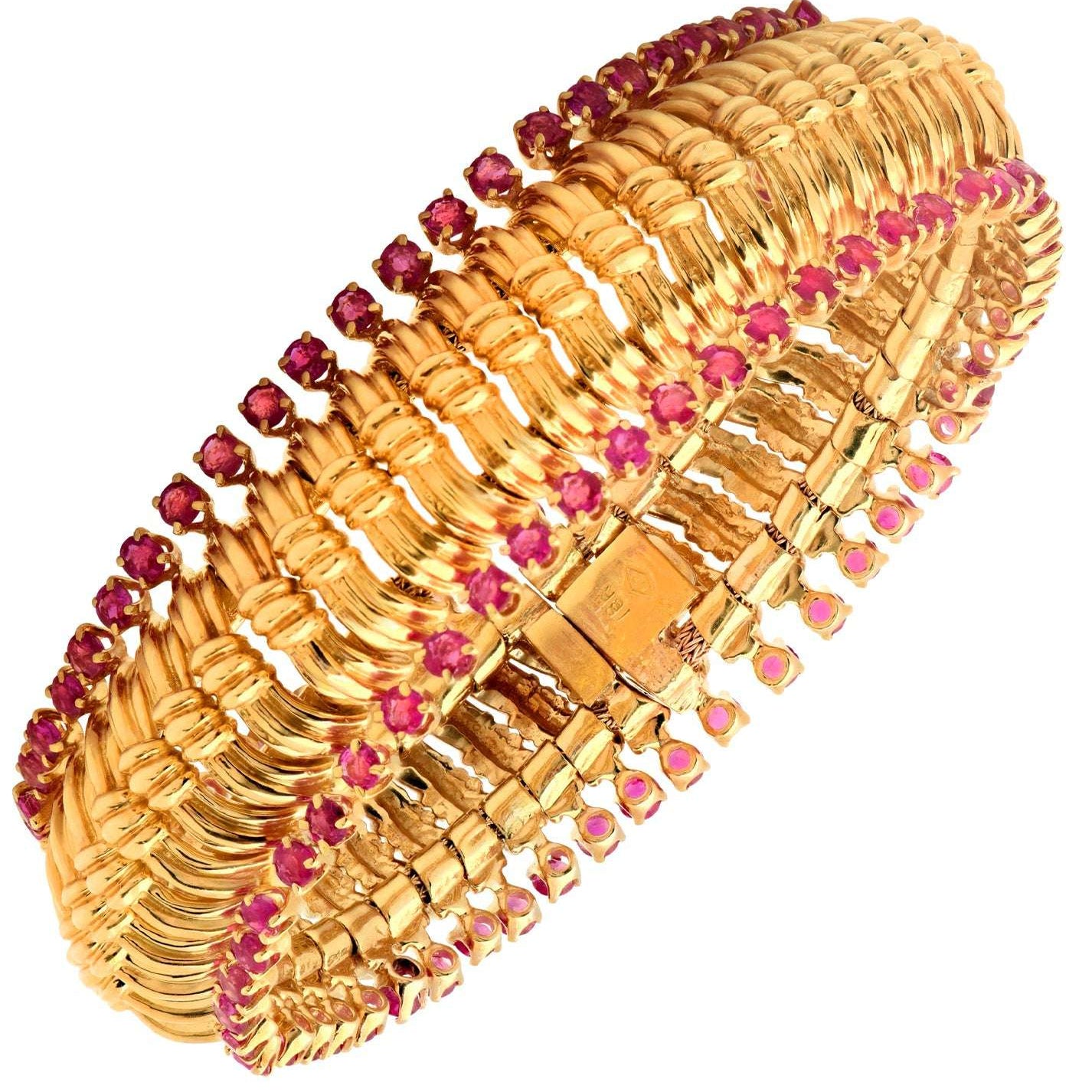 Exquisite Radiant Burma Ruby Bracelet featuring intricate 18K gold craftsmanship and adorned with 102 diamonds, presented by Vivid Diamonds.
