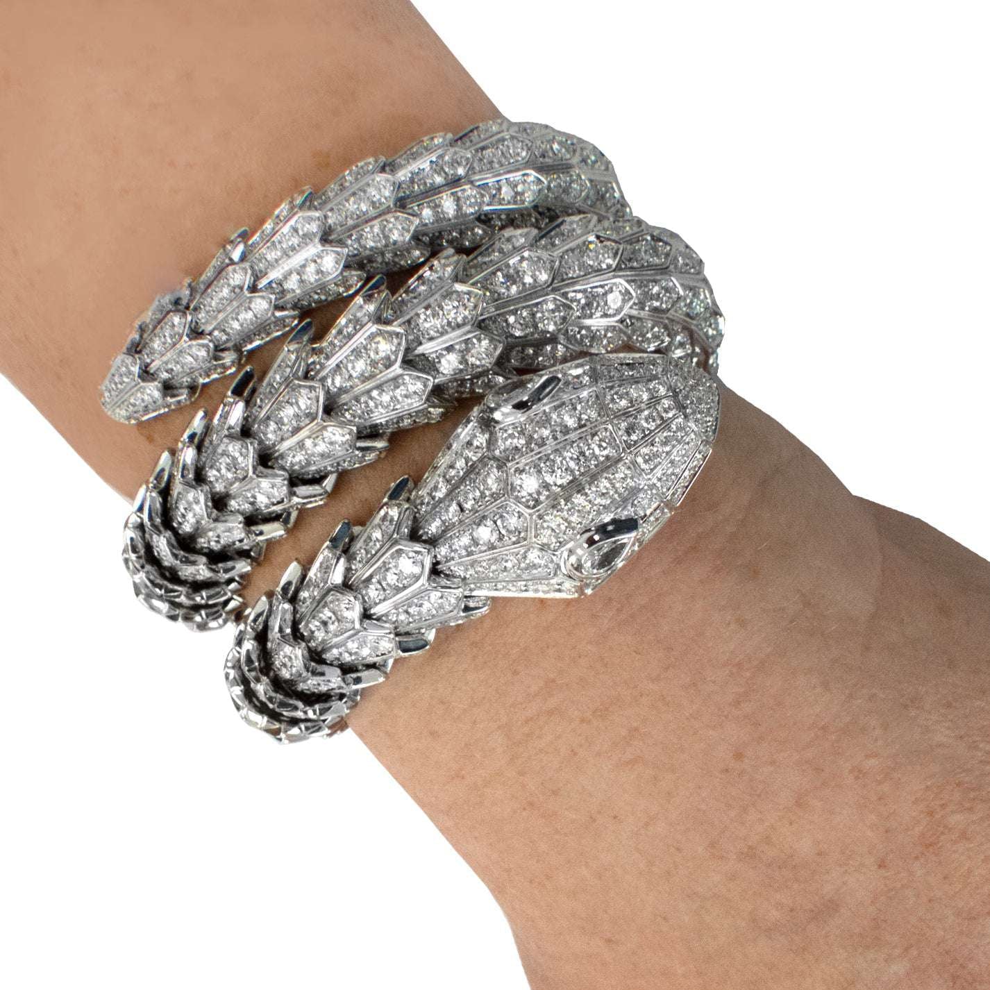 Bvlgari Serpenti Triple Wrap Full Pavé Diamond Bracelet in White Gold – V50030 Vivid Diamonds