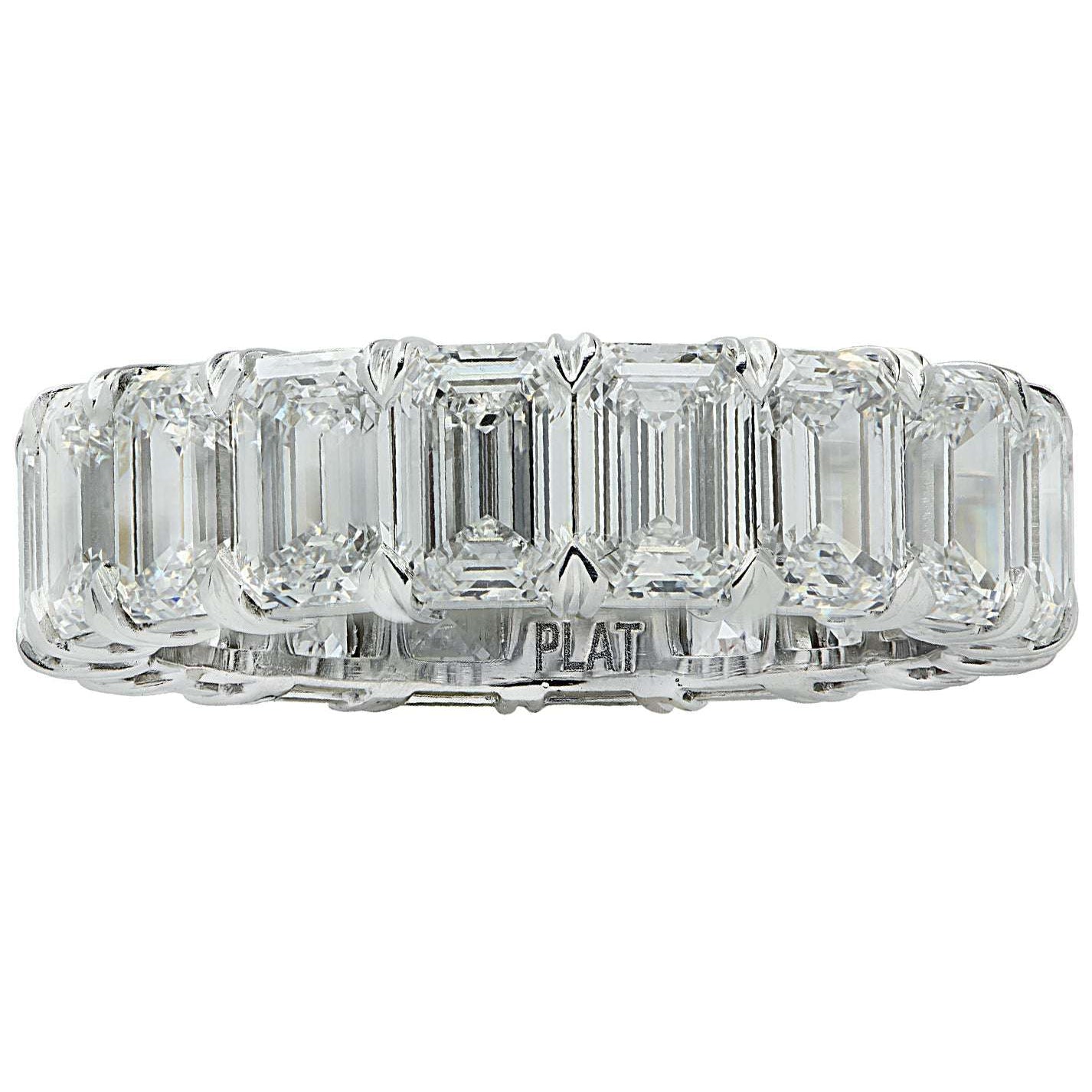 Top view of the 6.54 Carat Emerald Cut Diamond Eternity Band by Vivid Diamonds, highlighting the elegant design and brilliance of the emerald-cut diamonds in a refined platinum setting.