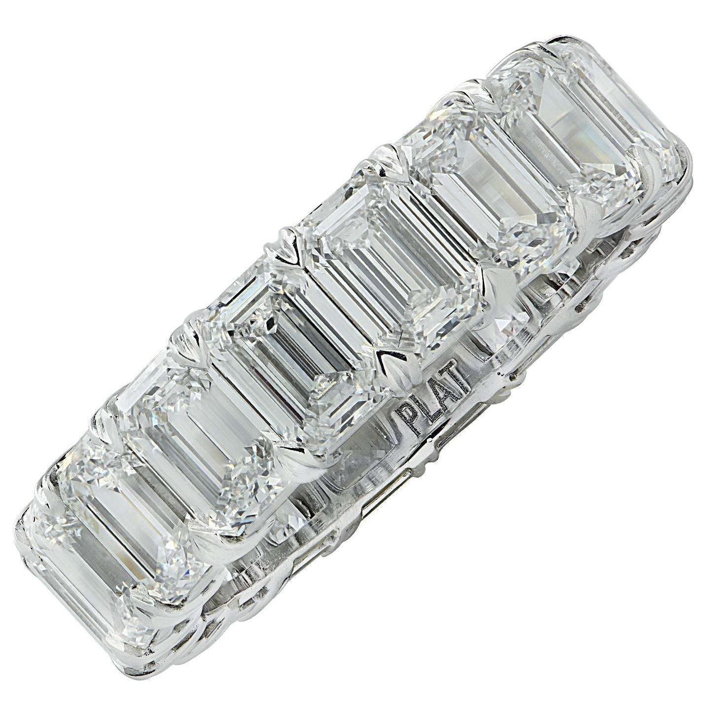 6.54 Carat Emerald Cut Diamond Eternity Band by Vivid Diamonds displayed in a close-up view, showcasing the exquisite emerald-cut diamonds set in luxurious platinum.