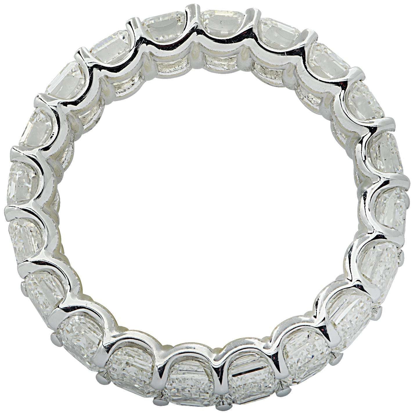 Elegant view of the Vivid Diamonds 6.25 Carat GIA Certified Emerald Cut Diamond Eternity Band in 18K White Gold, featuring a continuous line of stunning emerald cut diamonds in a classic design.