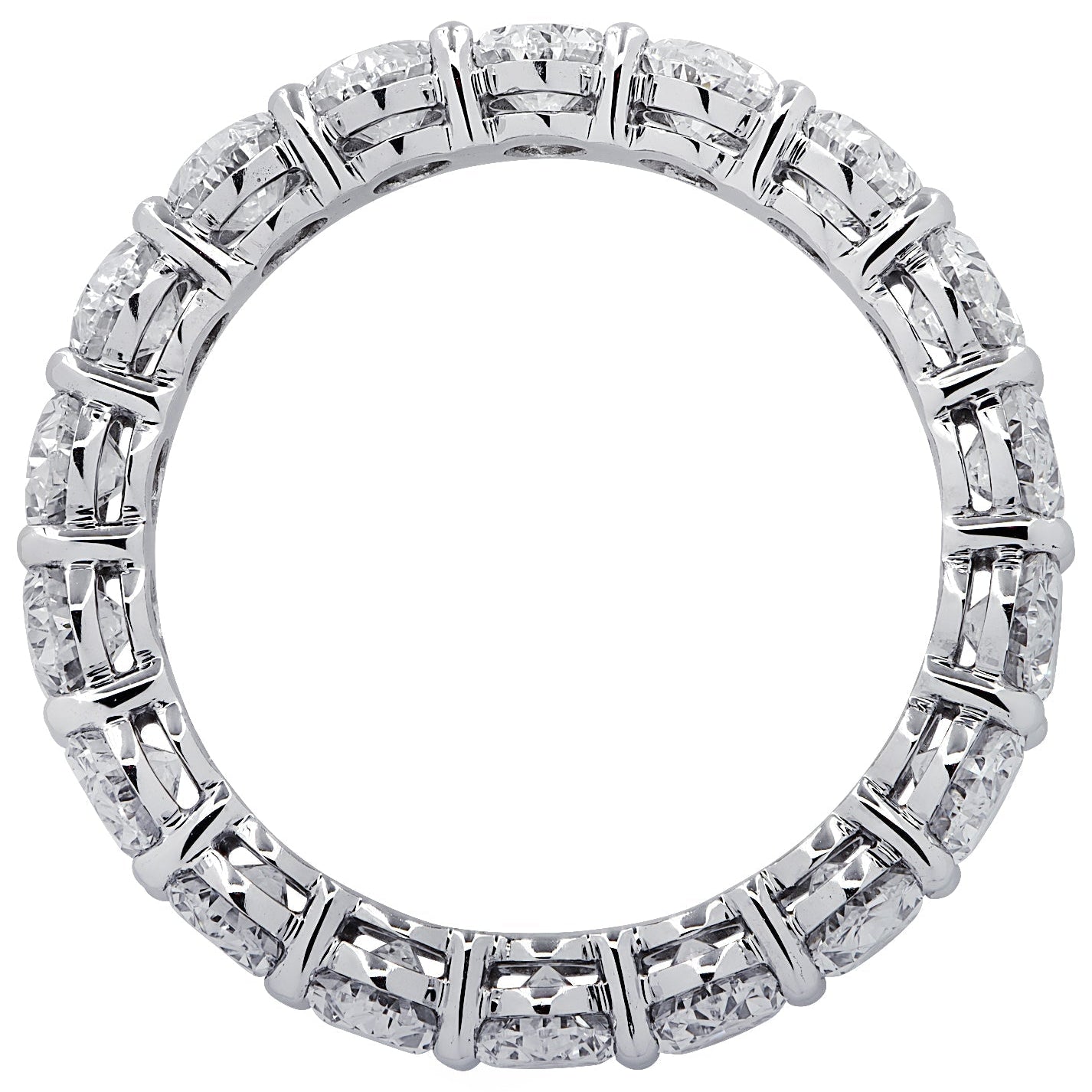 Elegant view of Vivid Diamonds 4.31 Carat Platinum Eternity Band with 18 oval cut diamonds, designed for timeless beauty, size 5.75.