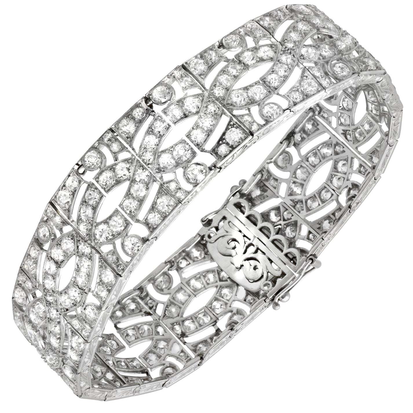Elegant 11ct Platinum French-Style European Cut Diamond Bracelet by Vivid Diamonds, showcasing intricate design and sparkling diamonds.