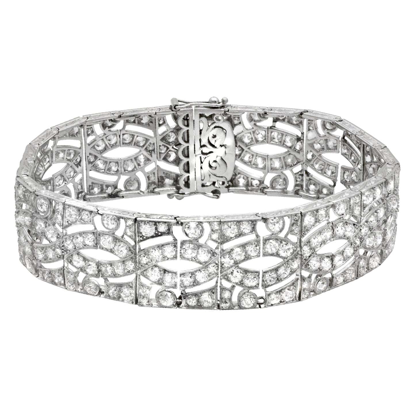 Stunning 11ct Platinum French-Style European Cut Diamond Bracelet by Vivid Diamonds, detailed view of the ornate design and brilliant diamonds.