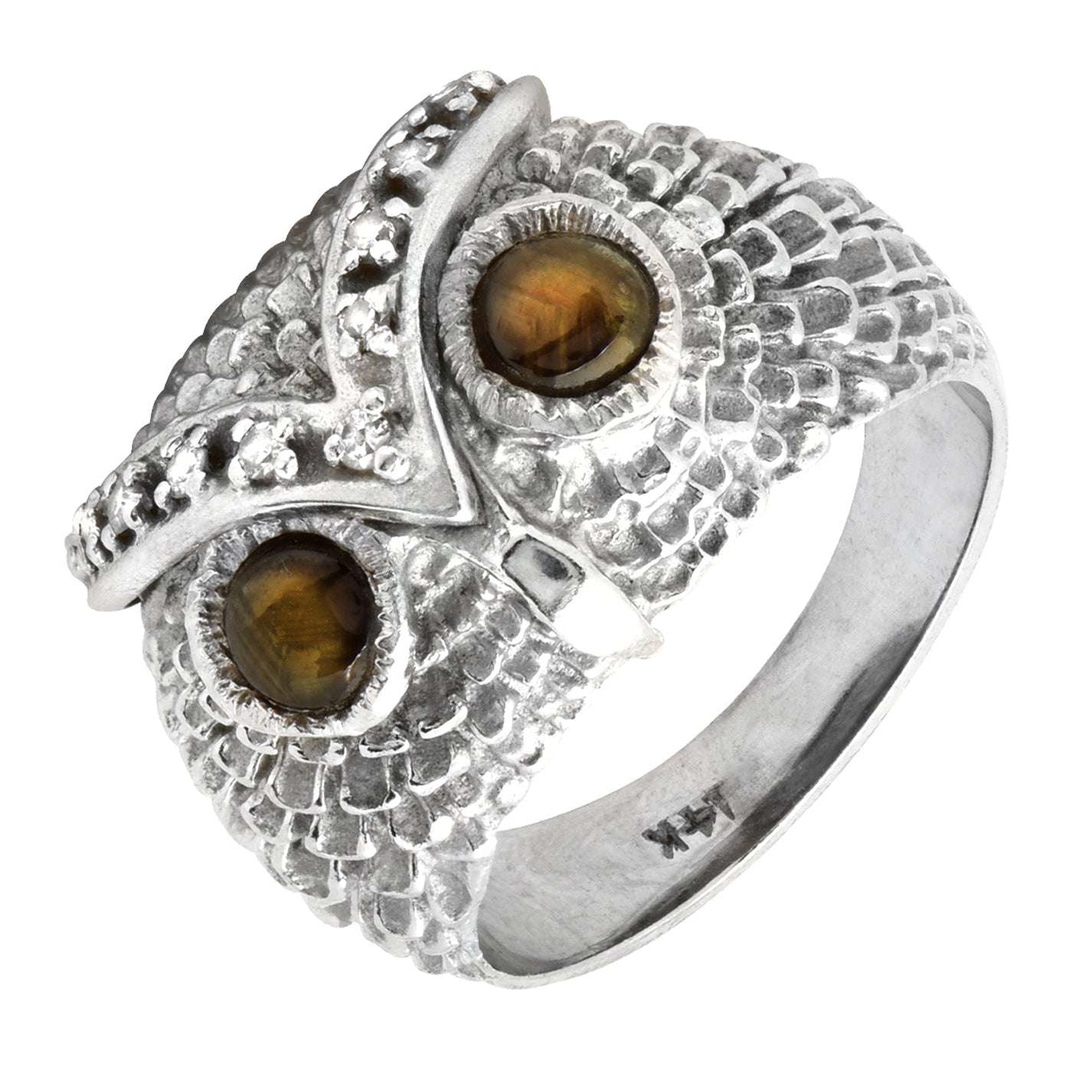 Elegant 14k White Gold Cat's Eye Owl Ring by Vivid Diamonds, showcasing intricate feather detailing and two mesmerizing cat's eye gemstones.