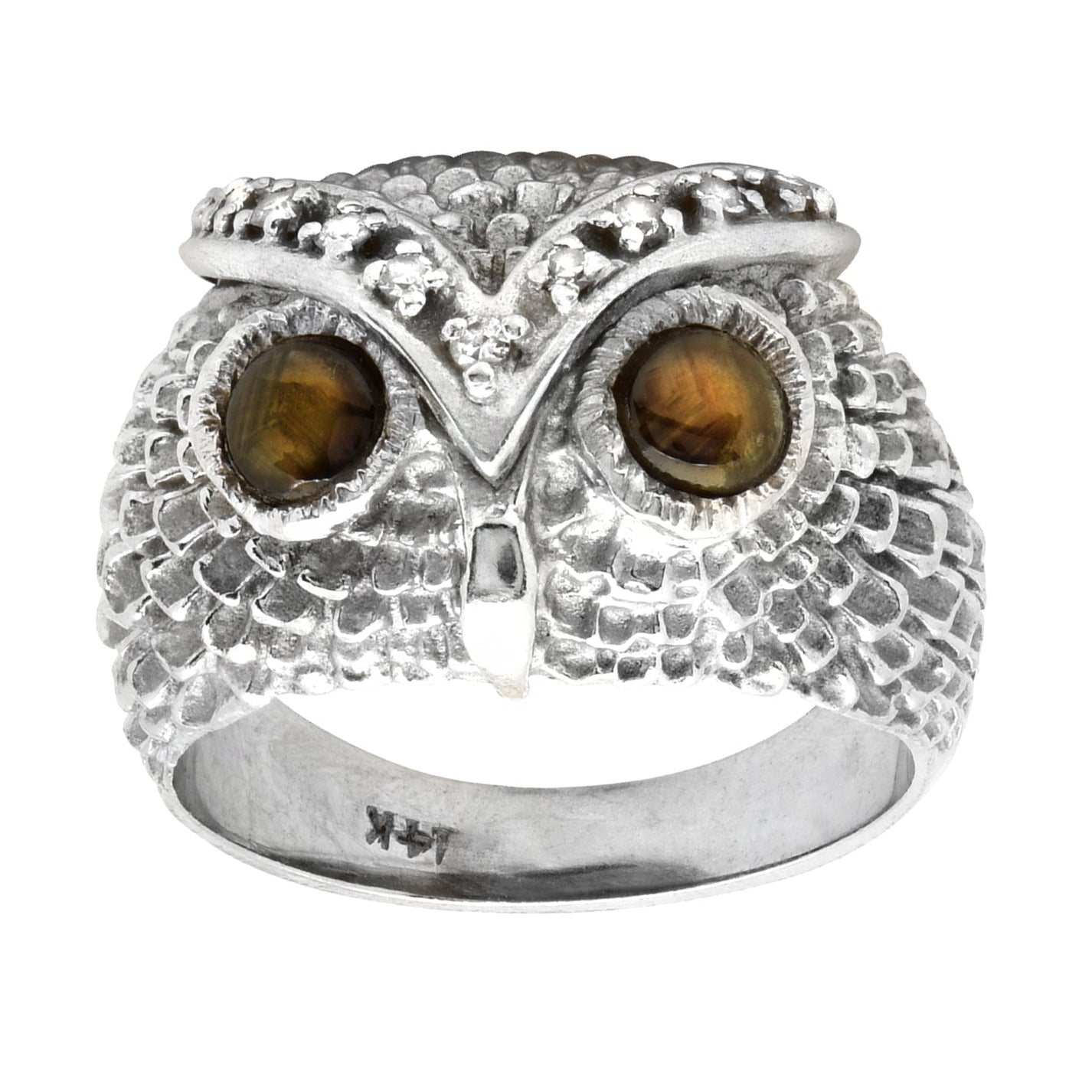 Exquisite 14k White Gold Cat's Eye Owl Ring from Vivid Diamonds, featuring a stunning owl motif with exquisite texture and enchanting round cat's eye stones.