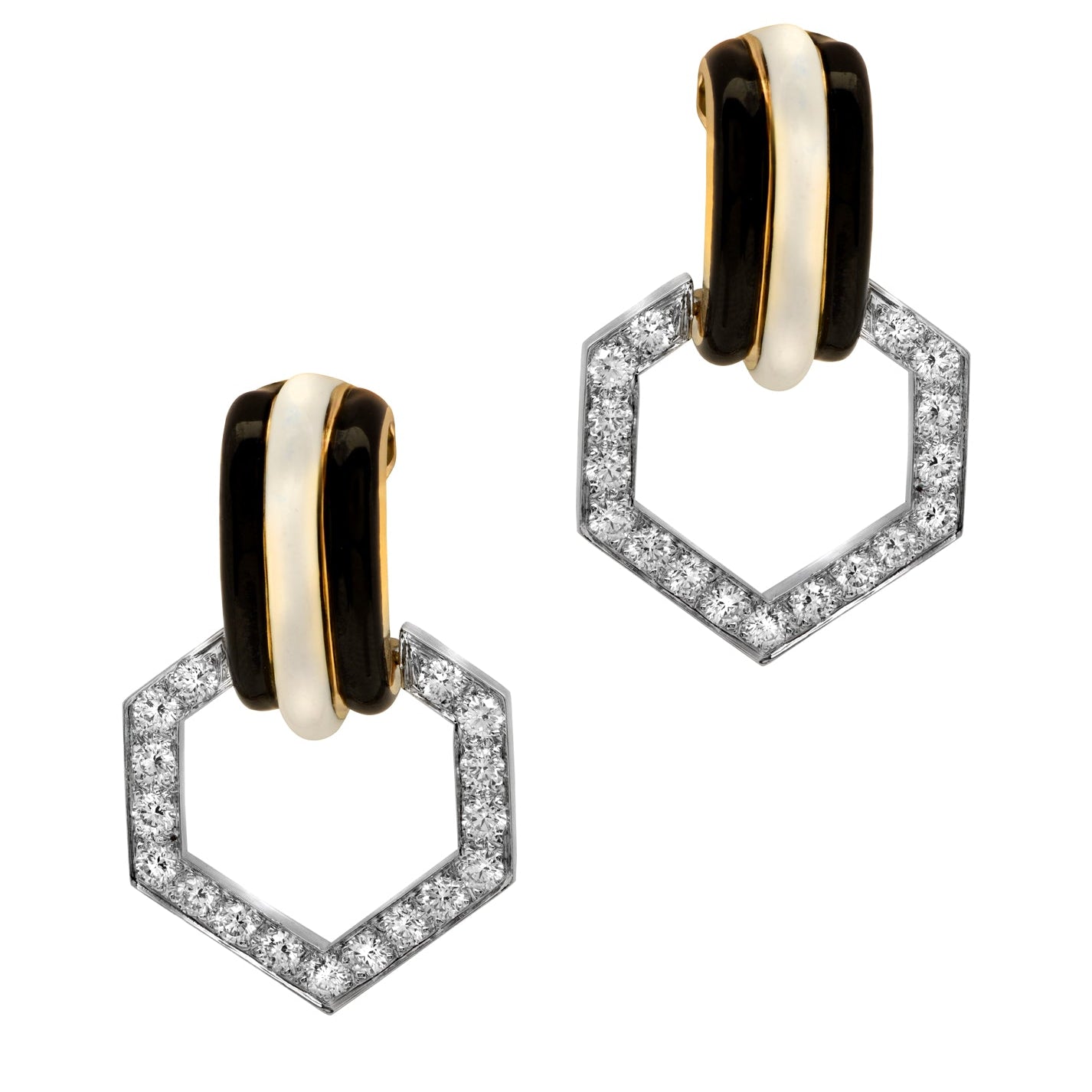 David Webb 2.79 Ct Diamond, Platinum & 18K Yellow Gold Enamel Earrings showcasing luxurious design with black and white enamel accents, crafted by Vivid Diamonds.