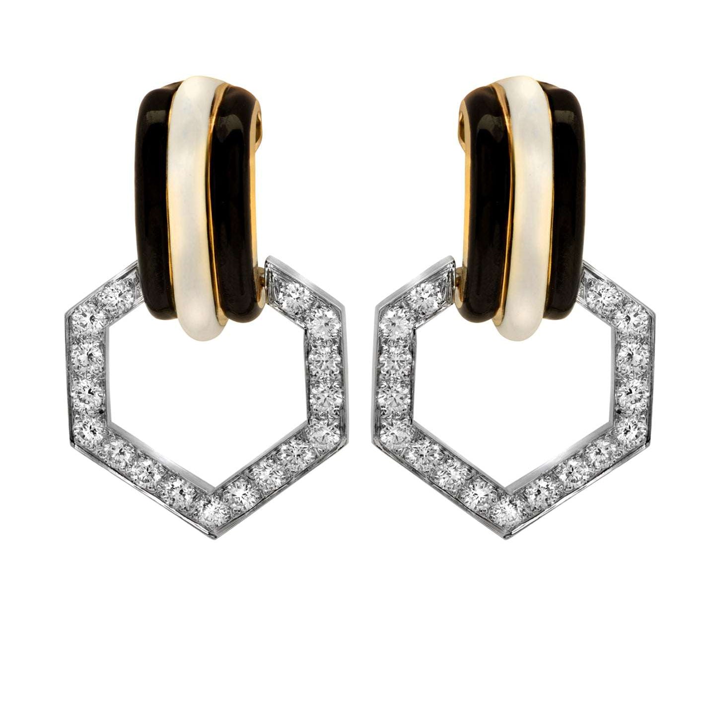 Close-up view of David Webb 2.79 Ct Diamond, Platinum & 18K Yellow Gold Enamel Earrings, featuring exquisite diamonds and enamel detailing, available exclusively at Vivid Diamonds.