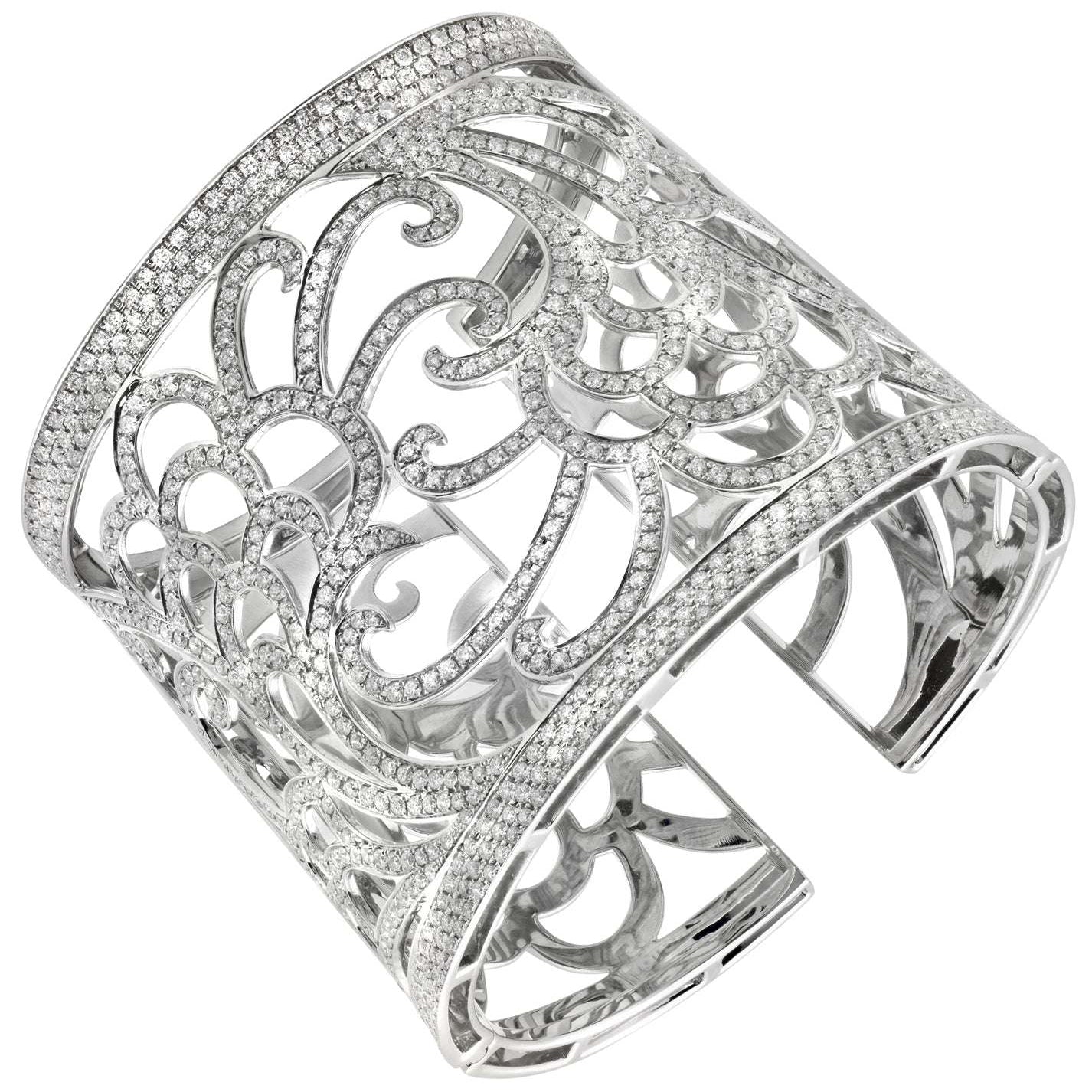 Exquisite Italian 18K White Gold Wide Open Work Cuff Bangle featuring 6 Carat Round Brilliant Cut Diamonds by Vivid Diamonds. This luxurious jewelry piece showcases intricate open-work design, highlighting the brilliant sparkle of diamonds with contemporary elegance.