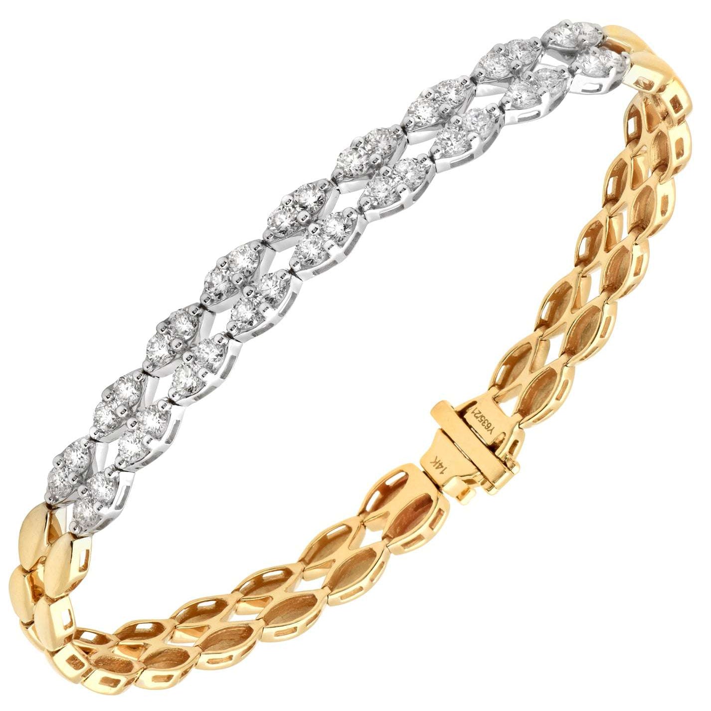 Elegant Two-Tone 2.40 Carat Diamond Bracelet in White & Yellow Gold by Vivid Diamonds, showcasing a stunning design with 36 round brilliant-cut diamonds set in a luxurious two-tone gold setting.