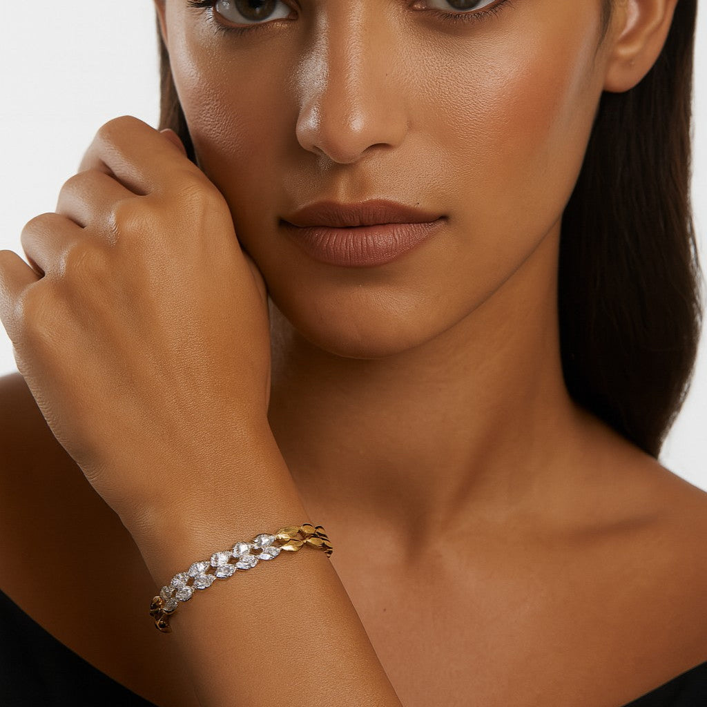 Elegant Two-Tone 2.40 Carat Diamond Bracelet in White & Yellow Gold showcased on a model's wrist, embodying luxury and sophistication by Vivid Diamonds.