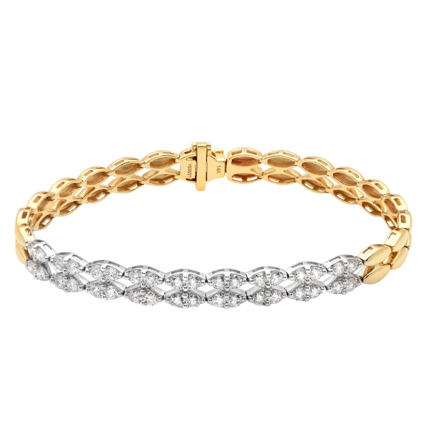 Close-up view of the Elegant Two-Tone 2.40 Carat Diamond Bracelet in White & Yellow Gold, featuring 36 round brilliant-cut diamonds, designed by Vivid Diamonds.