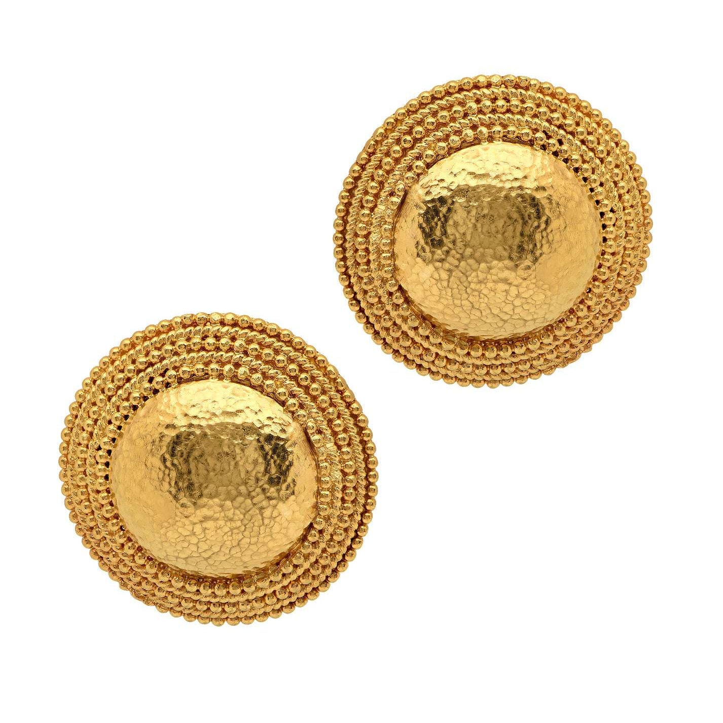 Lalounis 18 Karat Yellow Gold Circle Dome Stud Earrings - V50619 by Vivid Diamonds, showcasing a luxurious hammered gold texture and an elegant domed design, perfect for statement jewelry lovers.