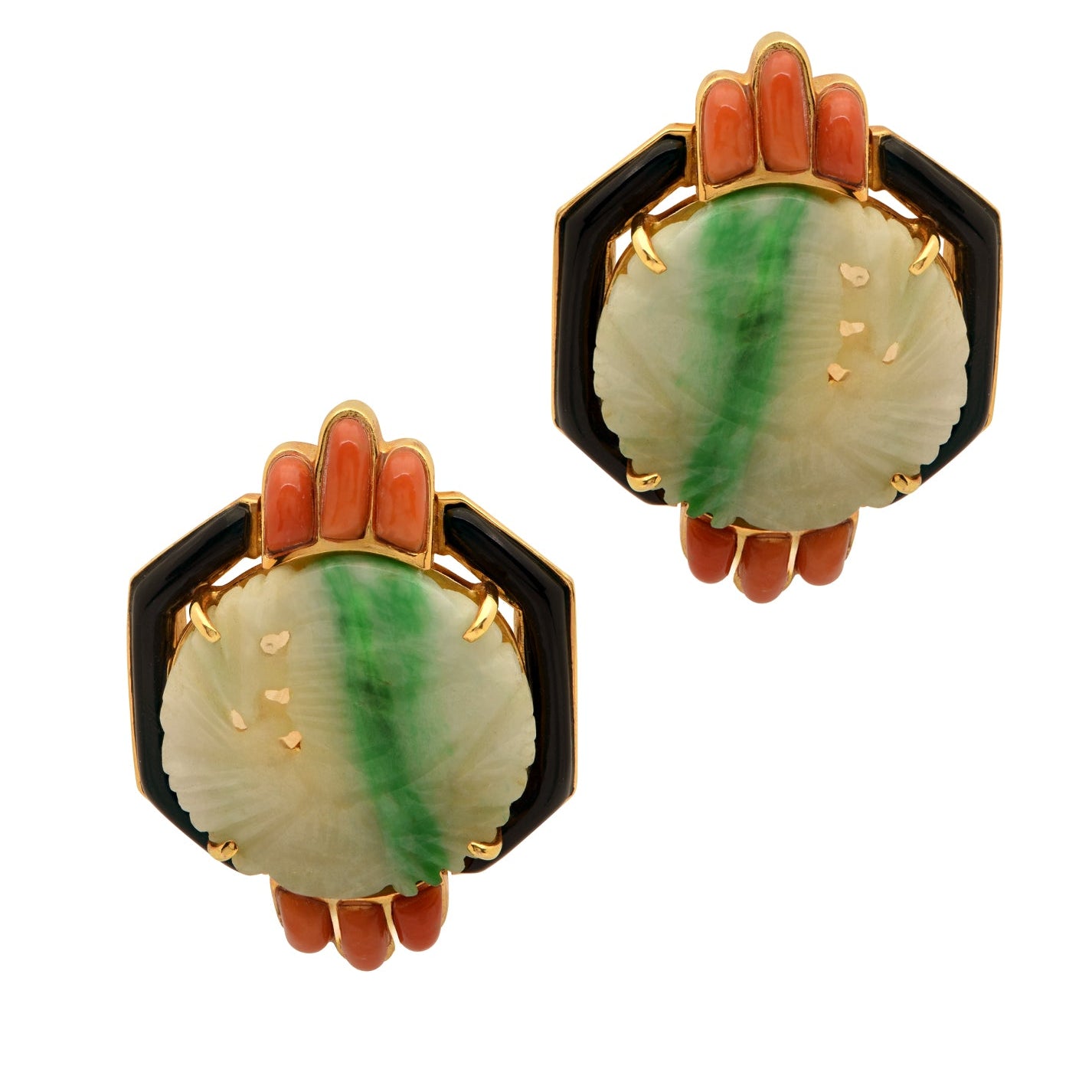 Stunning 18K Yellow Gold Coral, Jade & Onyx Earrings featuring vibrant coral accents and carved green jade medallions, elegantly framed in luminous yellow gold, available exclusively at Vivid Diamonds.
